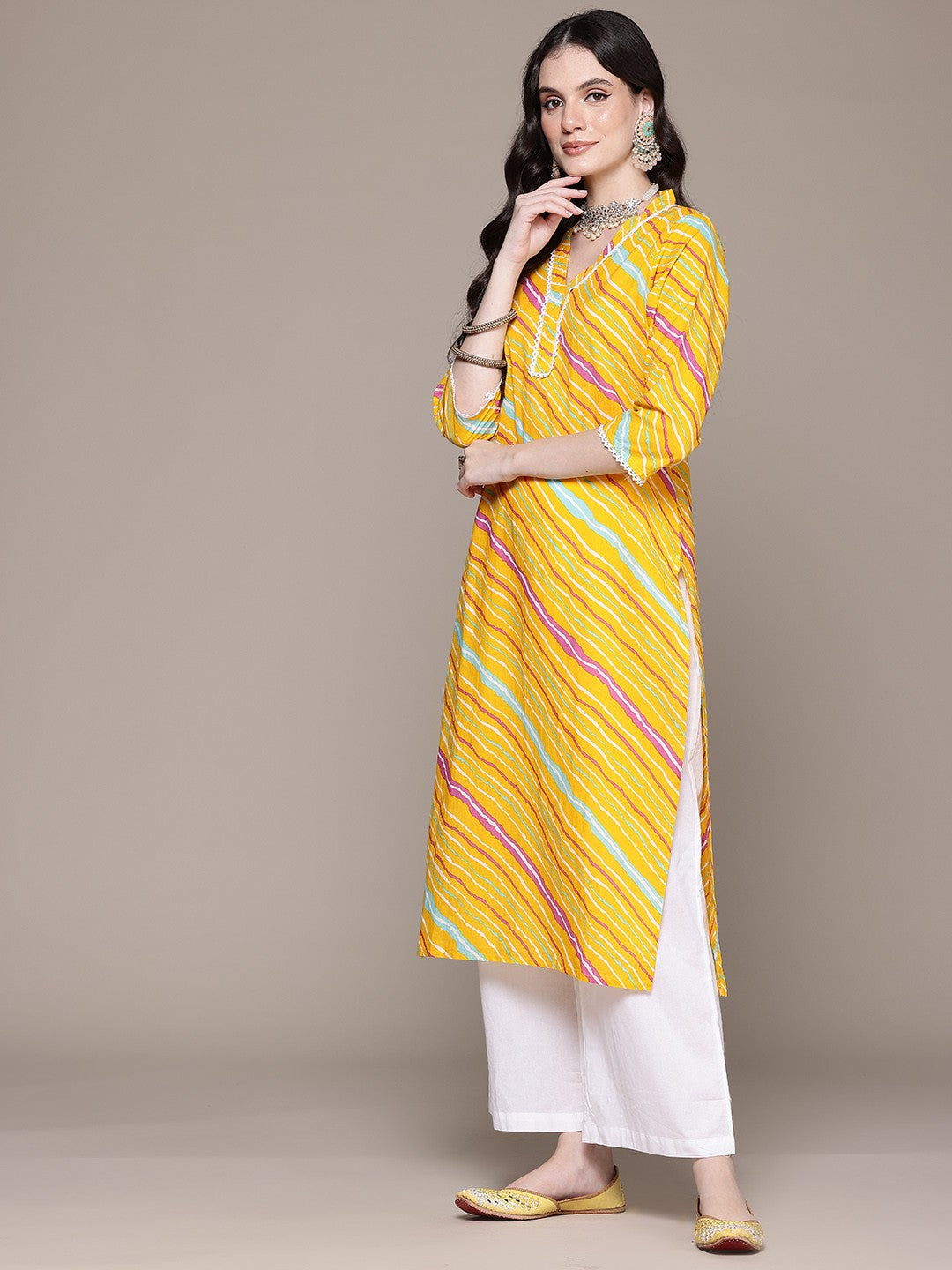 Straight Style Cotton Fabric Yellow Color Kurta With Bottom And Dupatta - Image 4