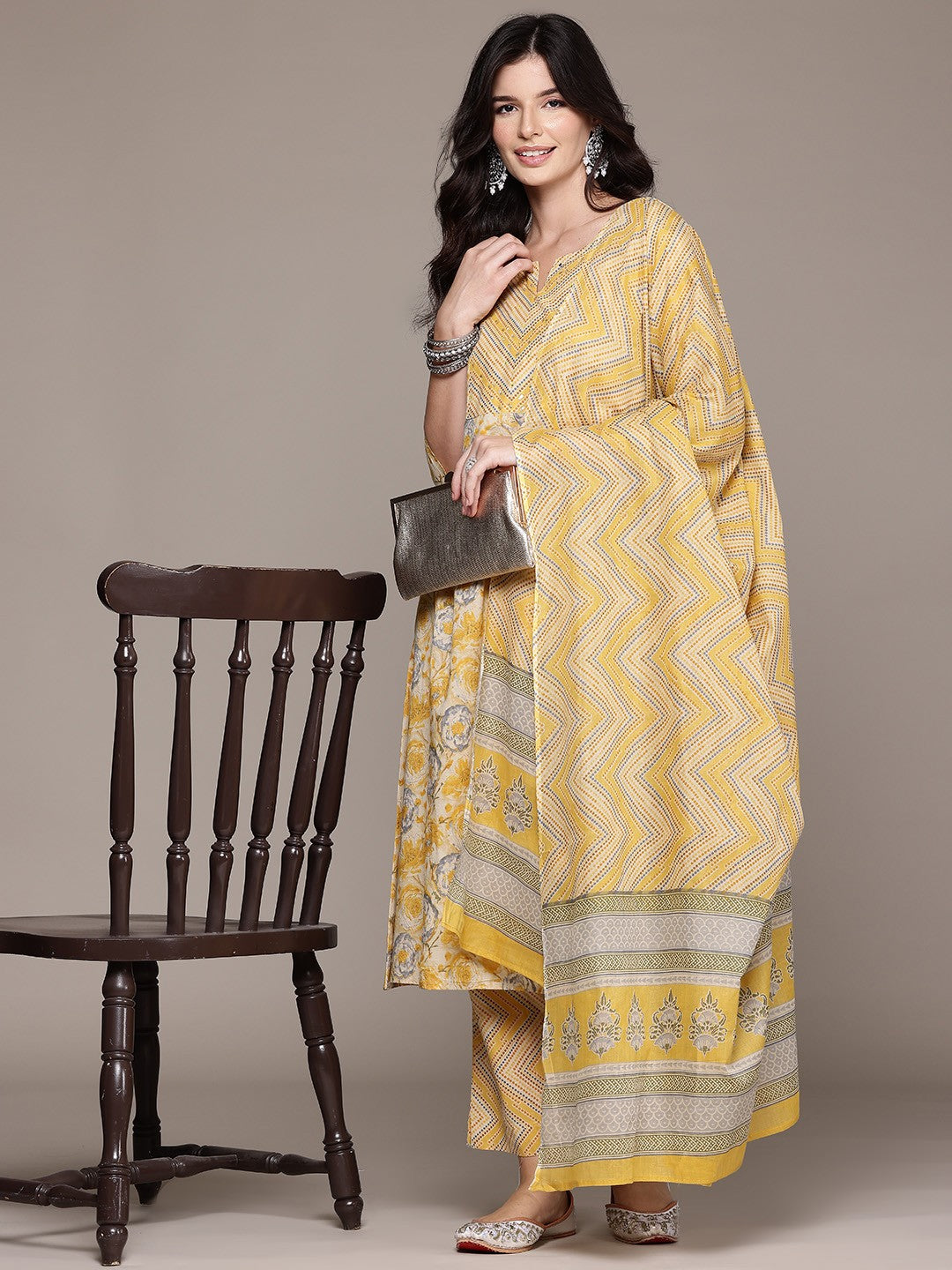 Straight Style Cotton Fabric Yellow Color Kurta With Bottom And Dupatta - Image 3