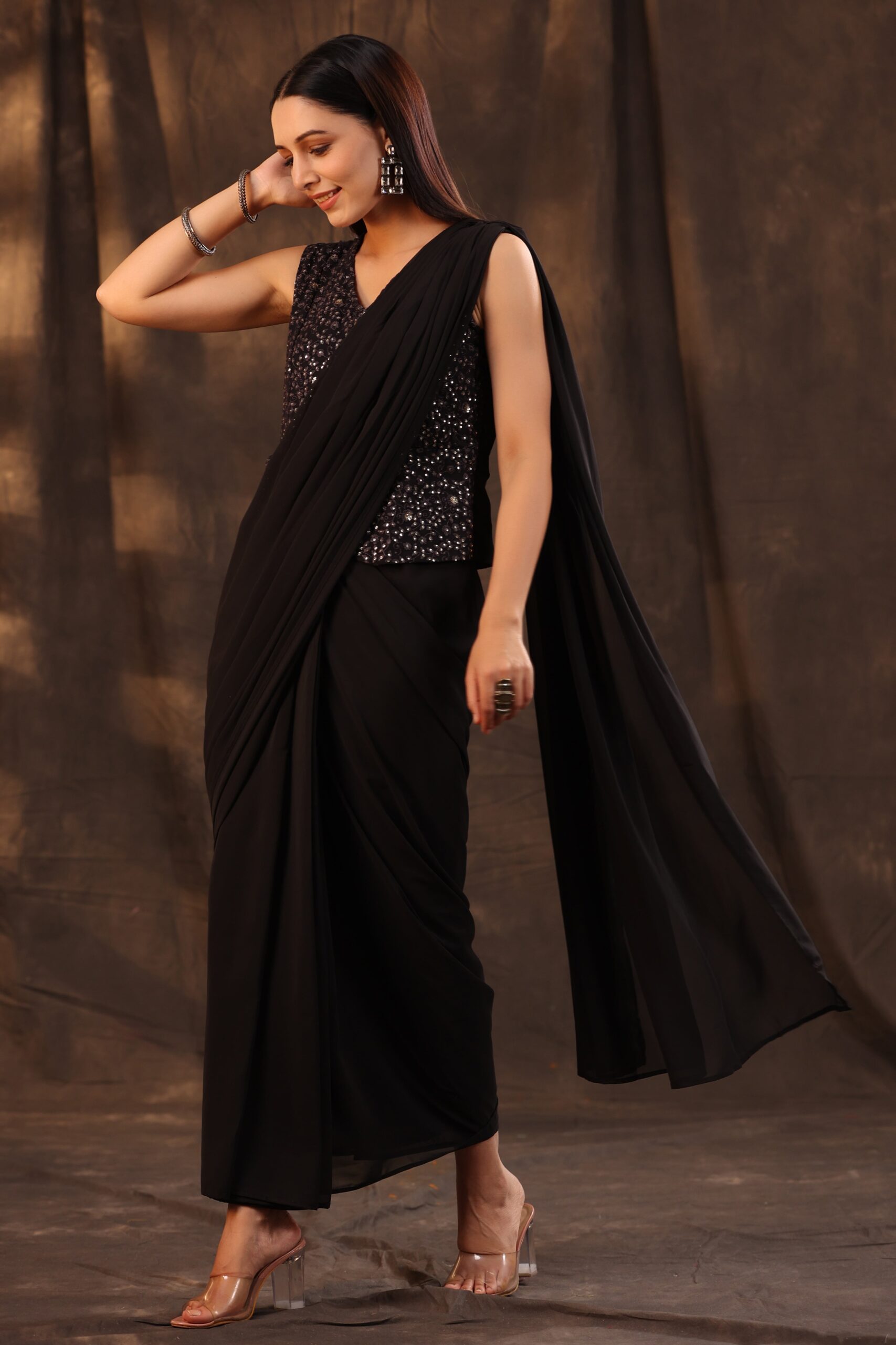 Black Georgette Embellished Saree Style Dress - Image 2
