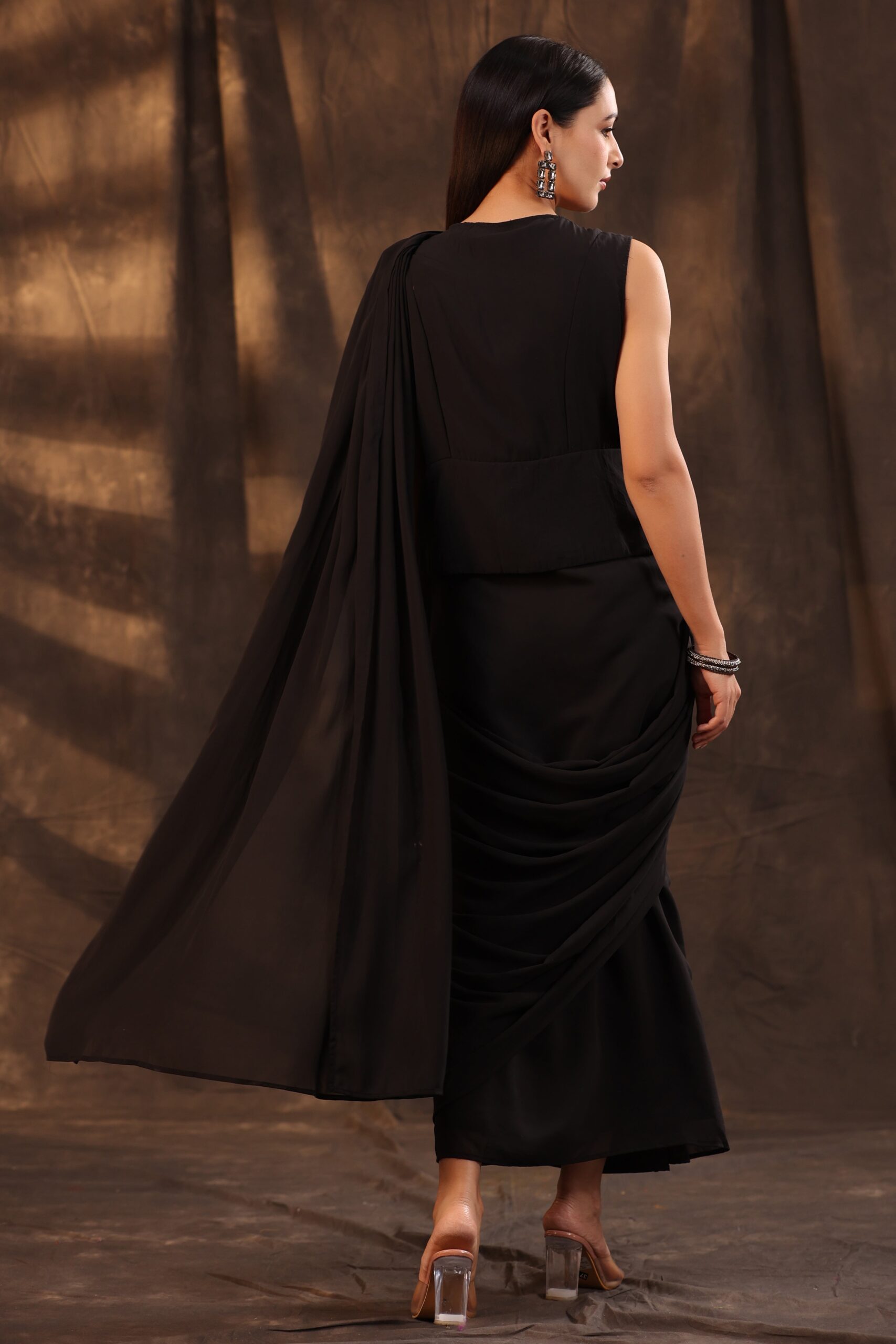 Black Georgette Embellished Saree Style Dress - Image 3
