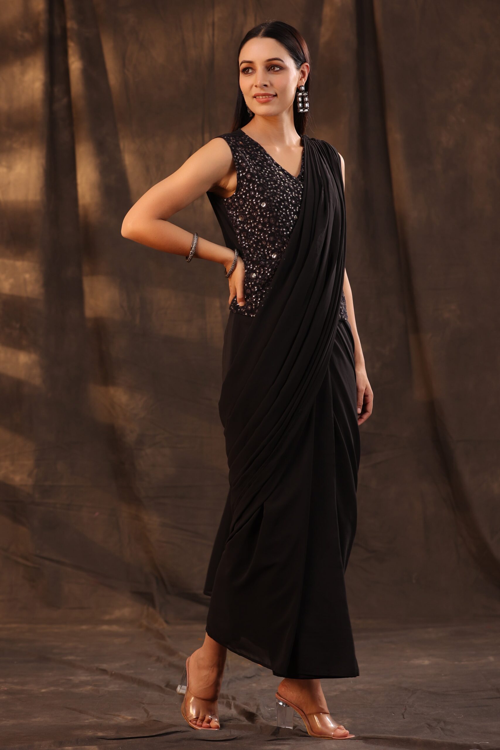 Black Georgette Embellished Saree Style Dress - Image 4