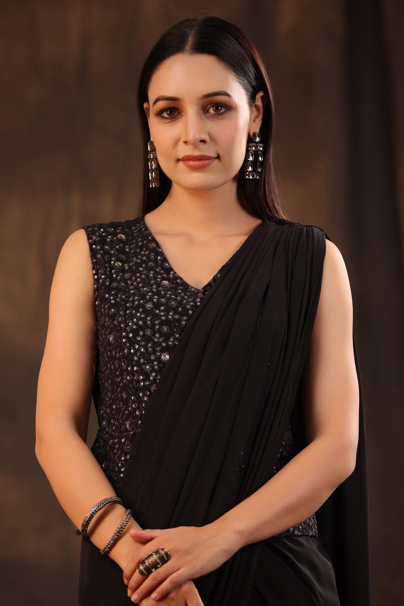 Black Georgette Embellished Saree Style Dress - Image 5