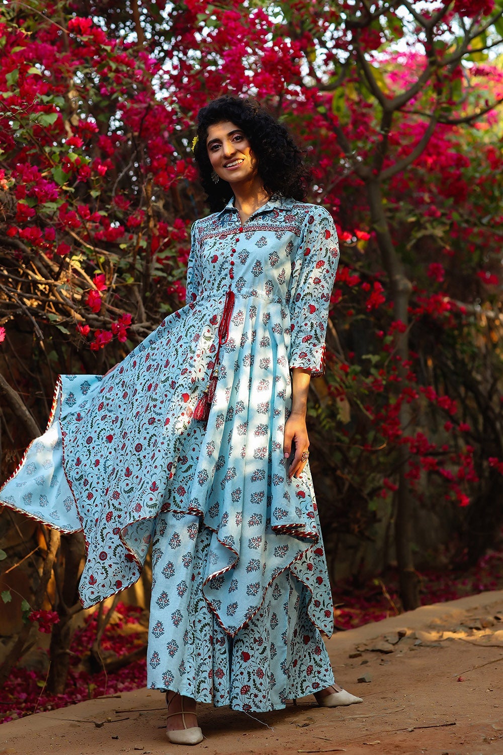 Blue Cambric Printed Asymmetric Clothing Set - Image 2
