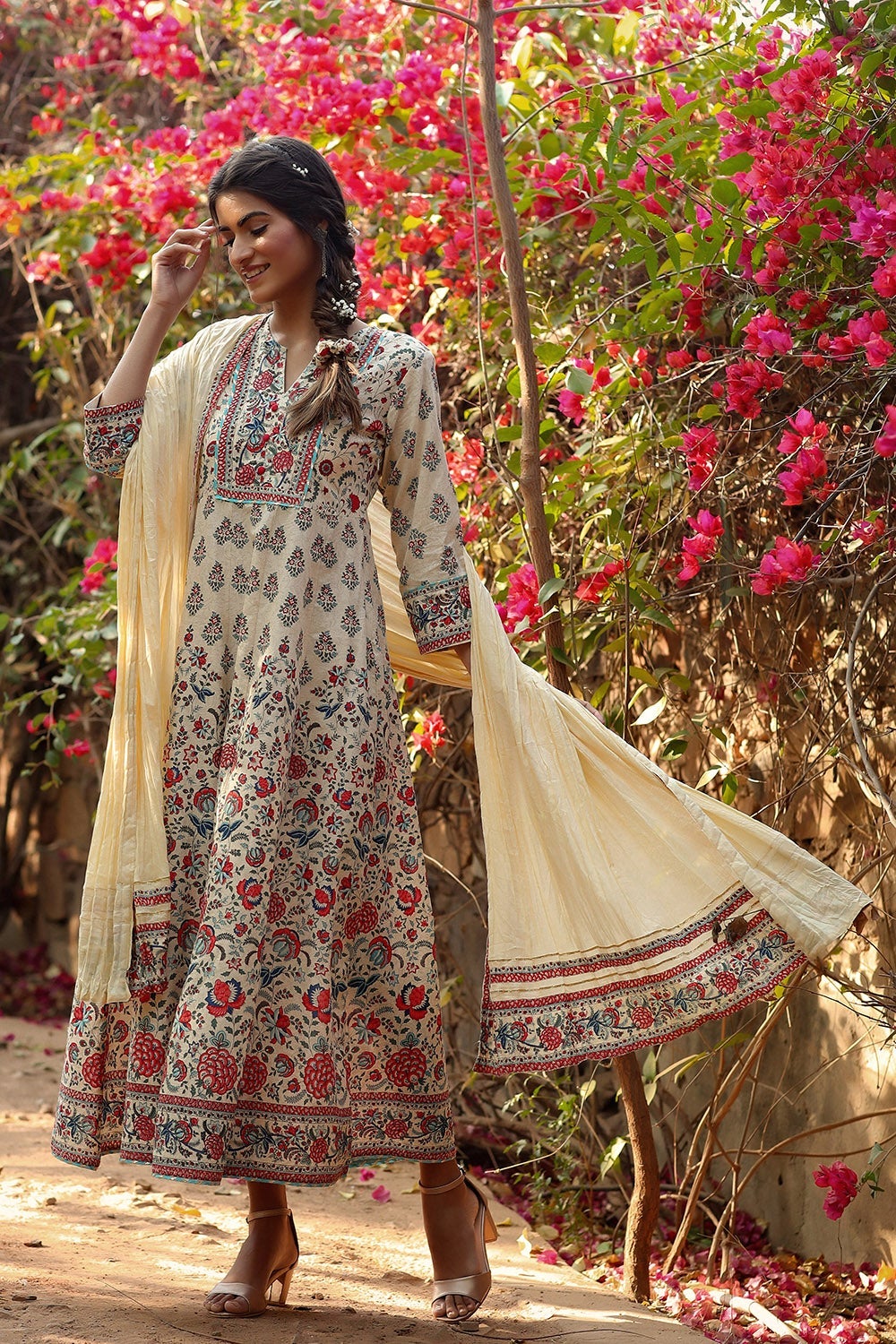 Beige Cambric Printed Flared Dress - Image 2