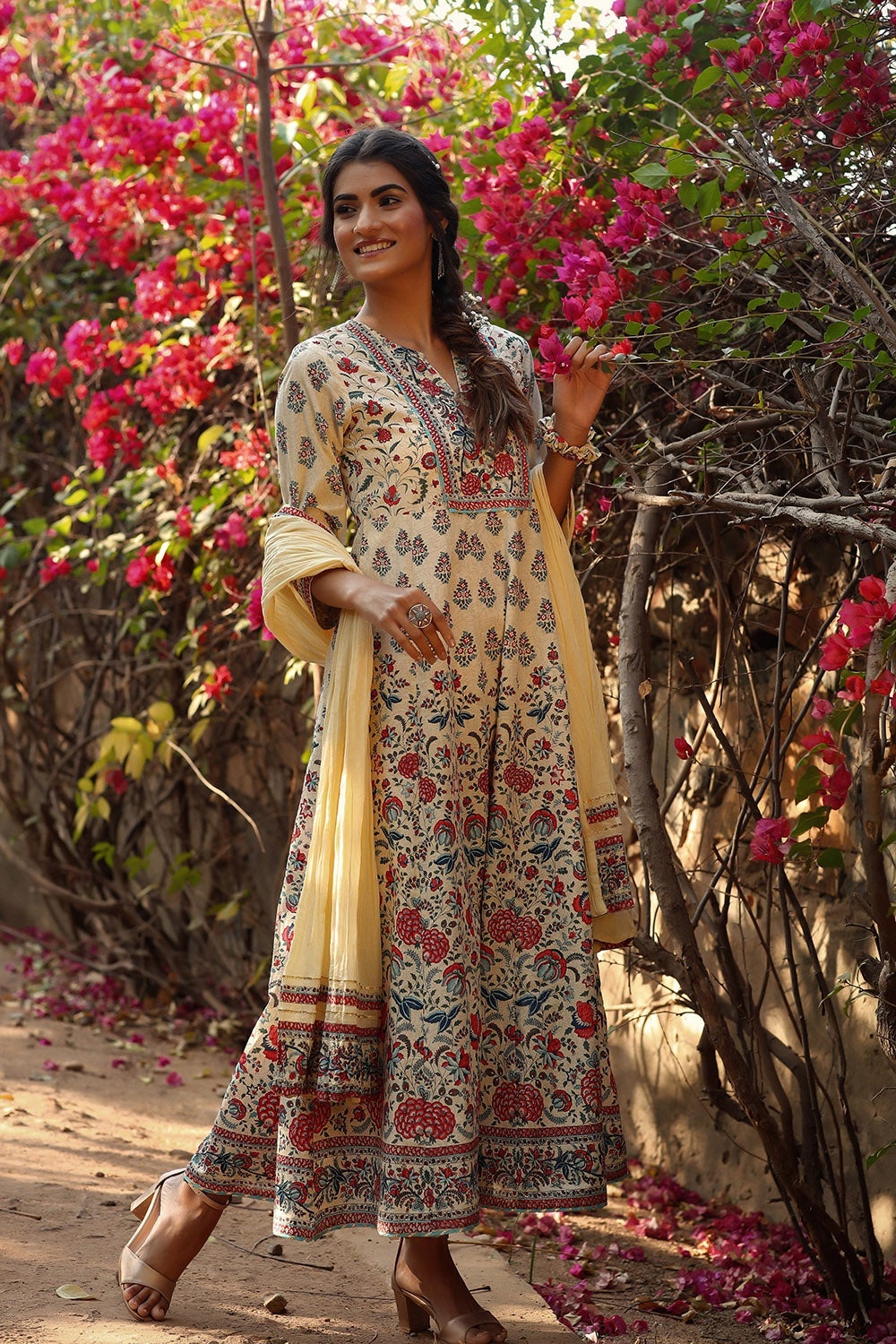 Beige Cambric Printed Flared Dress - Image 3