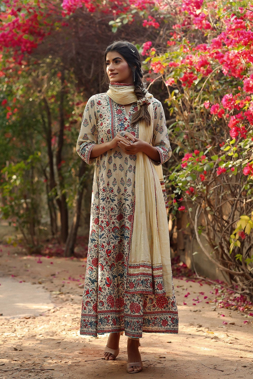 Beige Cambric Printed Flared Dress - Image 4
