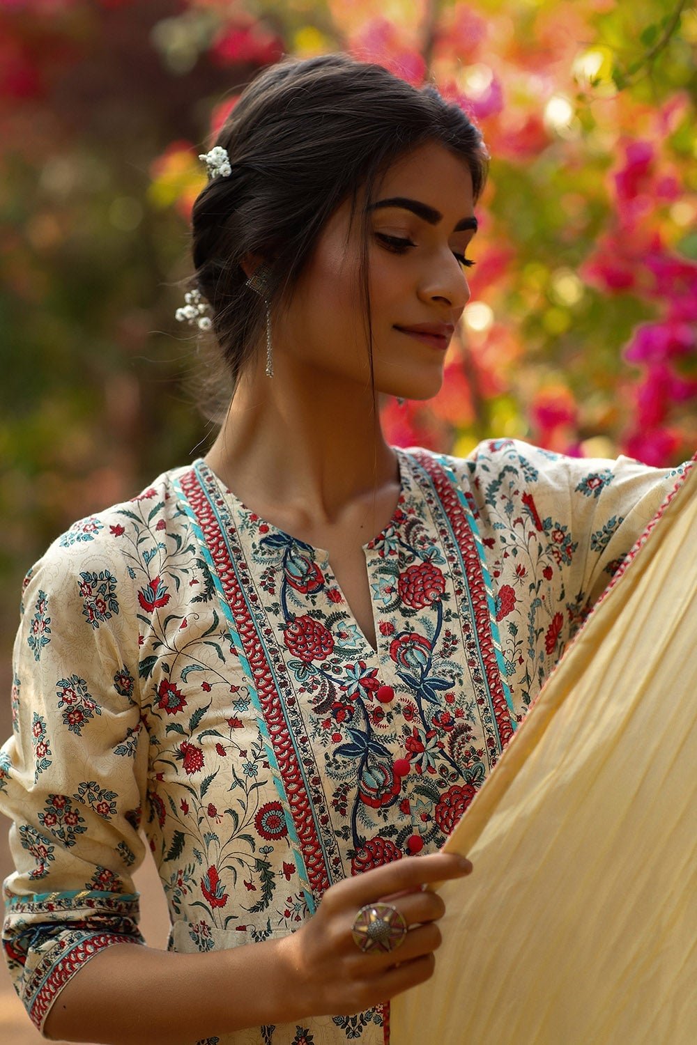 Beige Cambric Printed Flared Dress - Image 5