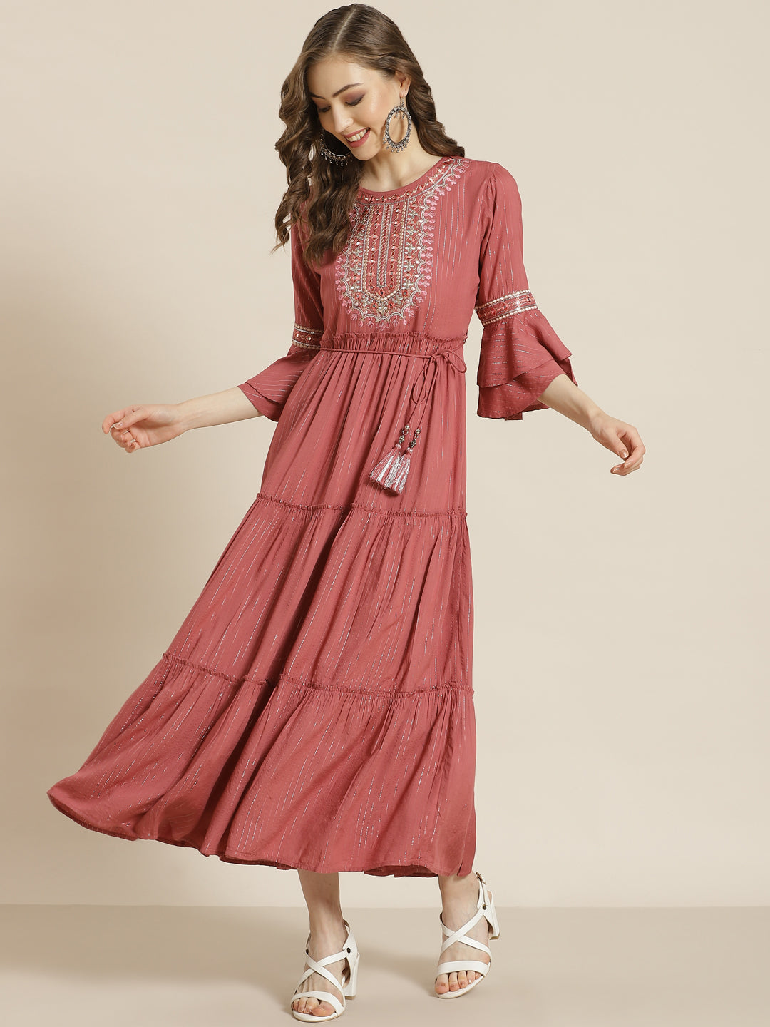 Rosepink Rayon Lurex Embroidered Tiered Dress - Image 3