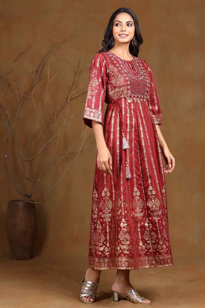 Maroon Shantoon Printed Anarkali Dress - Image 2