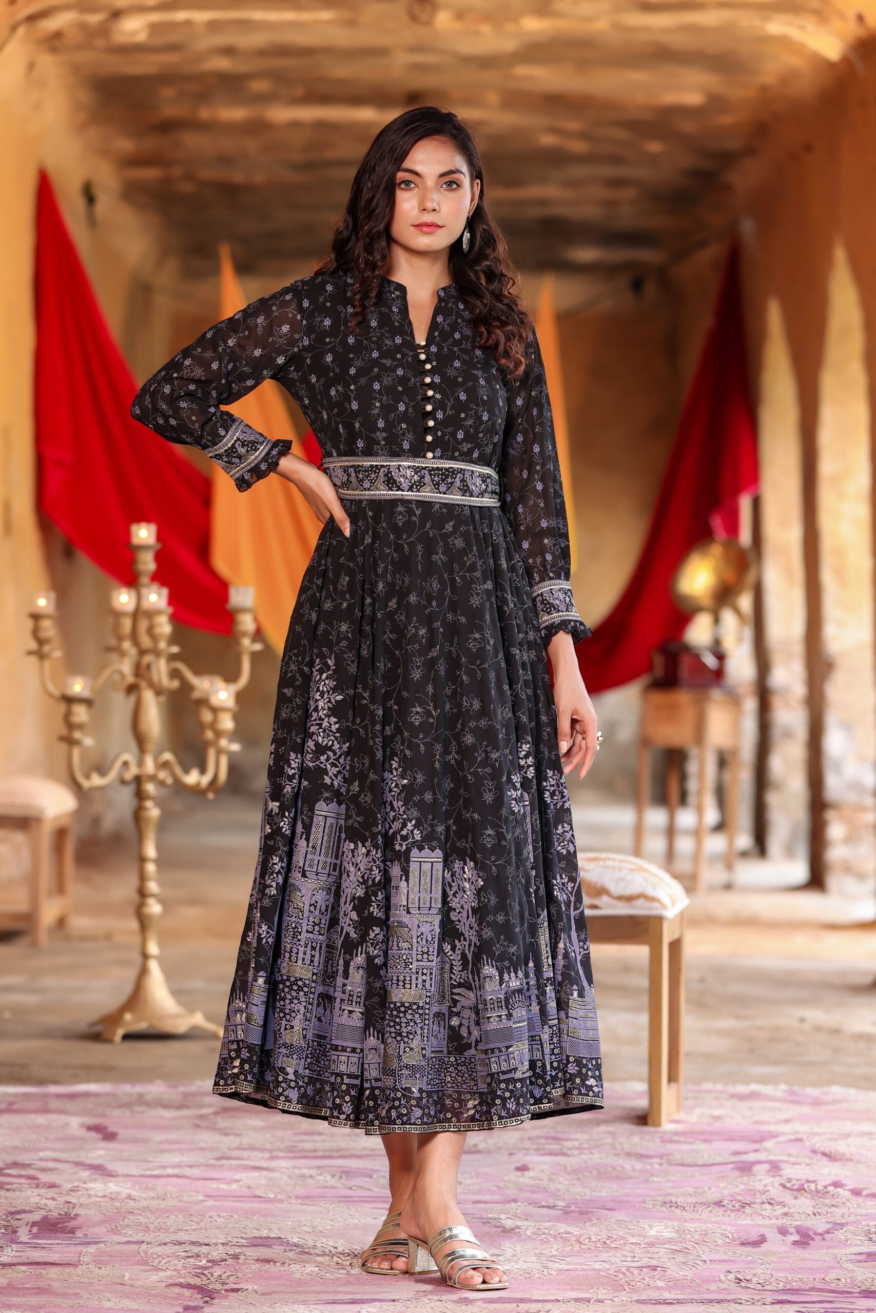 Black Georgette Printed Flared Dress - Image 2