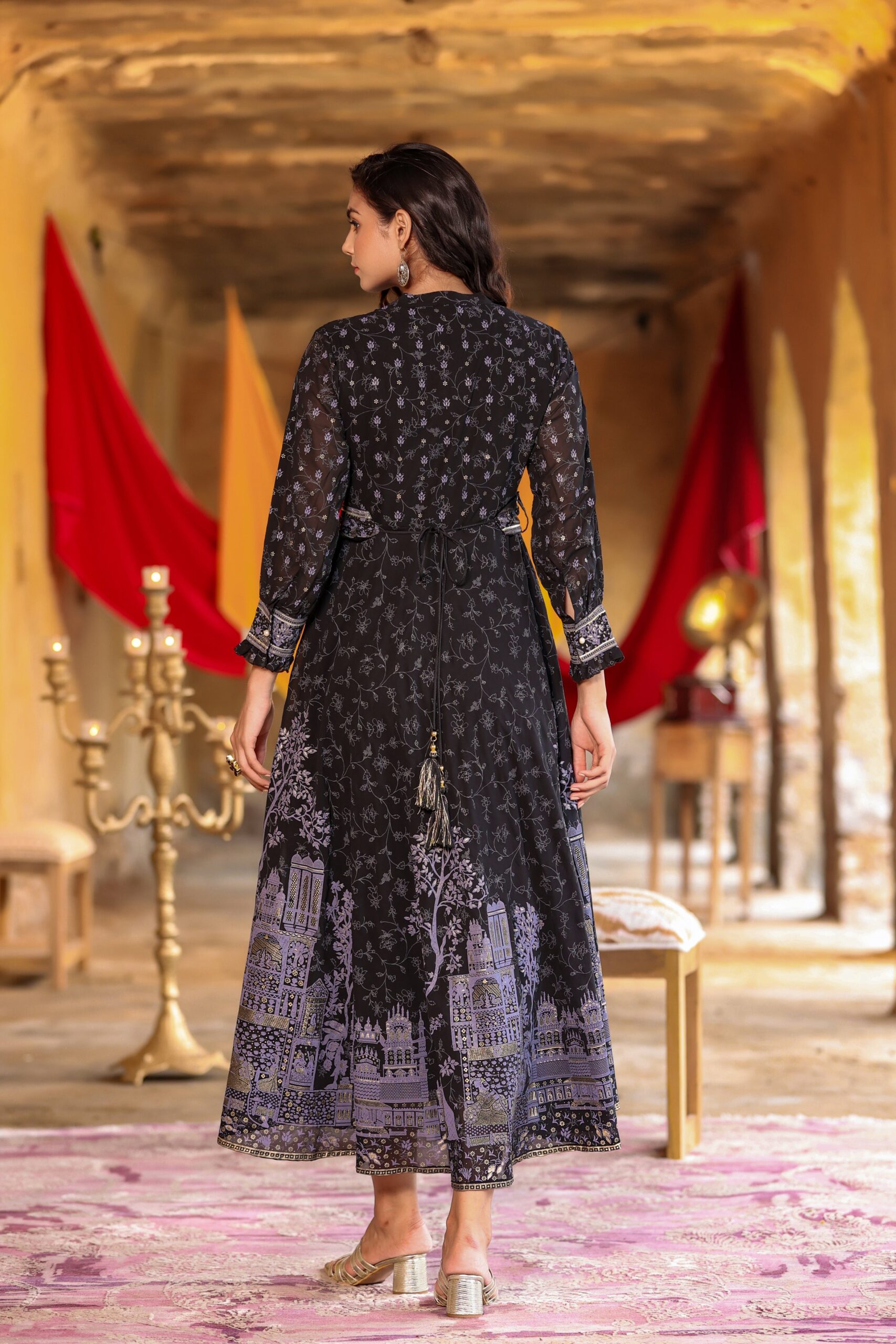 Black Georgette Printed Flared Dress - Image 3