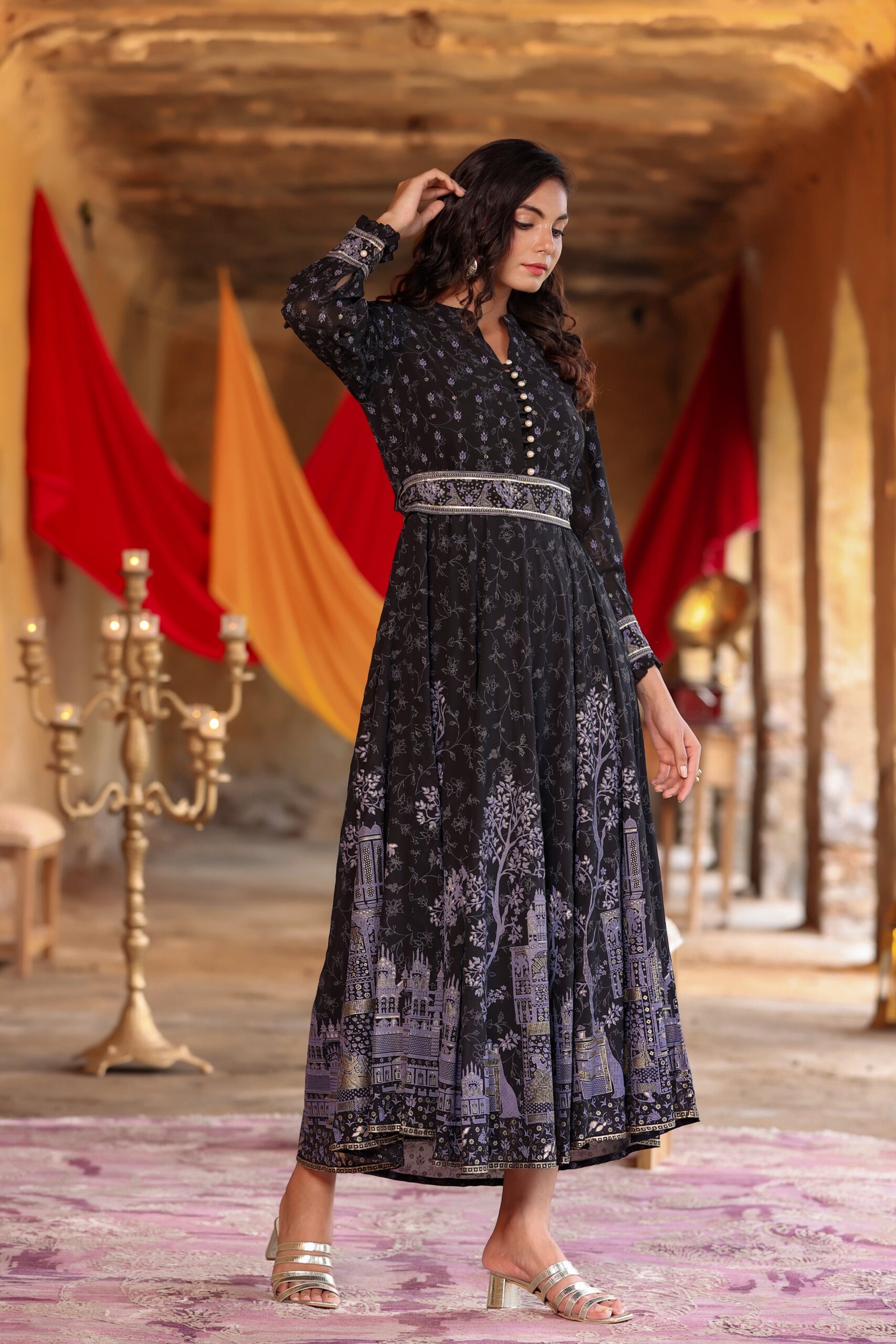 Black Georgette Printed Flared Dress - Image 5
