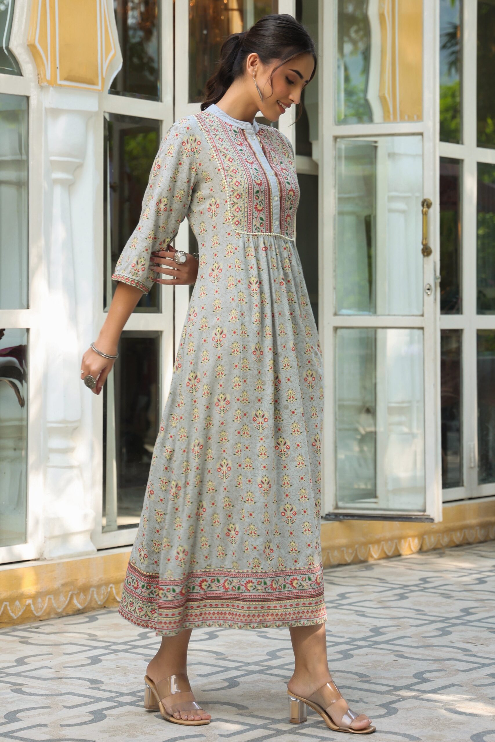 Grey Rayon Printed A-Line Dress - Image 4