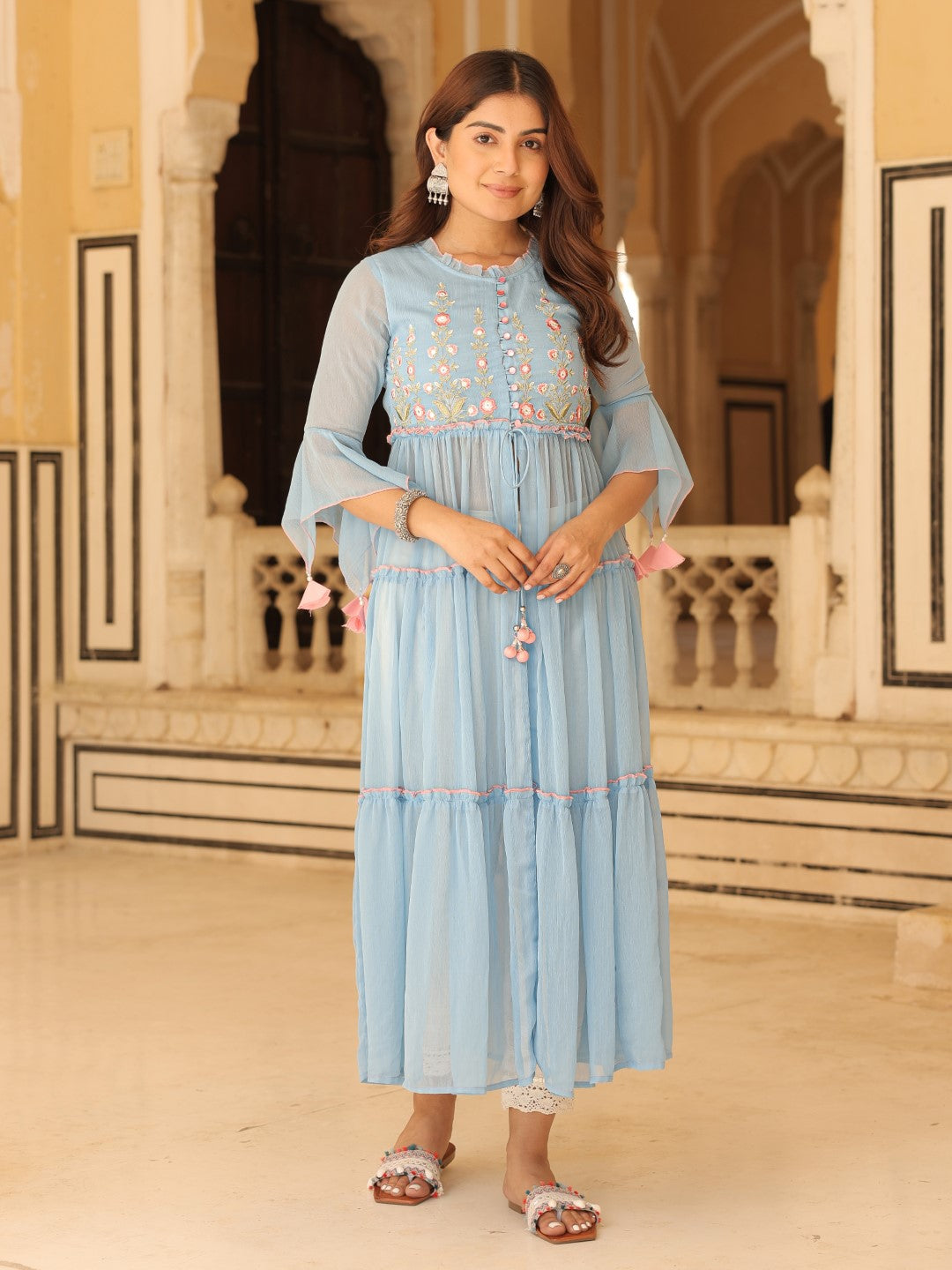 Powder Blue Chiffon Floral Embroidered Tiered Kurta With Pants (2-Pcs) - Image 3