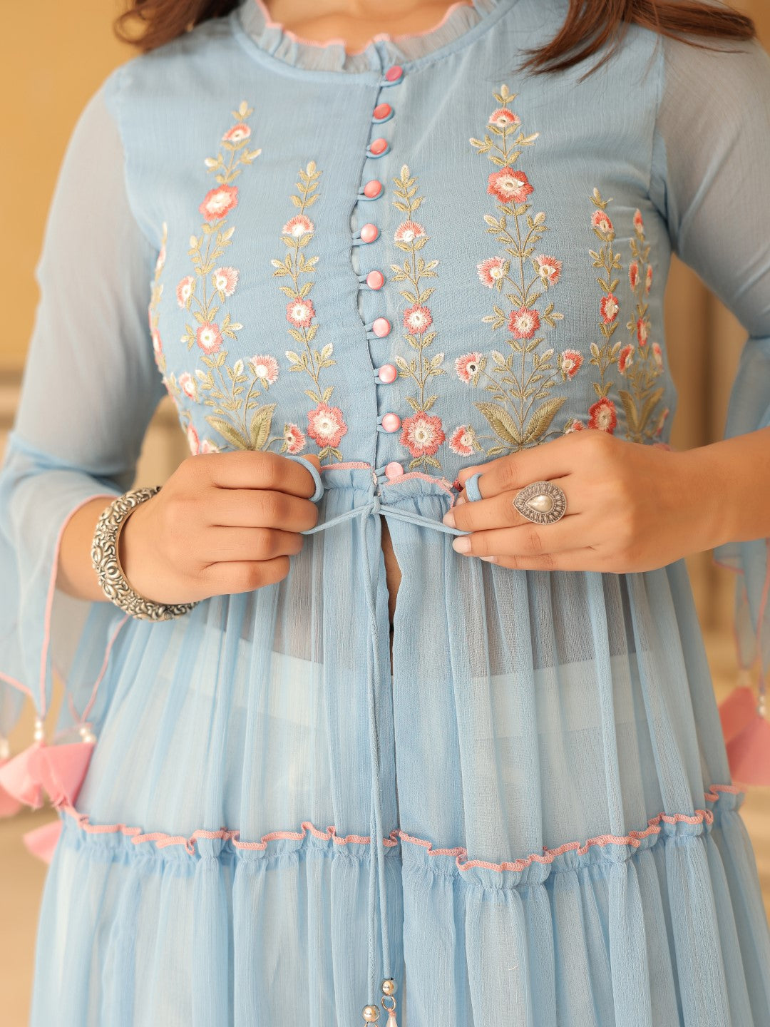 Powder Blue Chiffon Floral Embroidered Tiered Kurta With Pants (2-Pcs) - Image 5