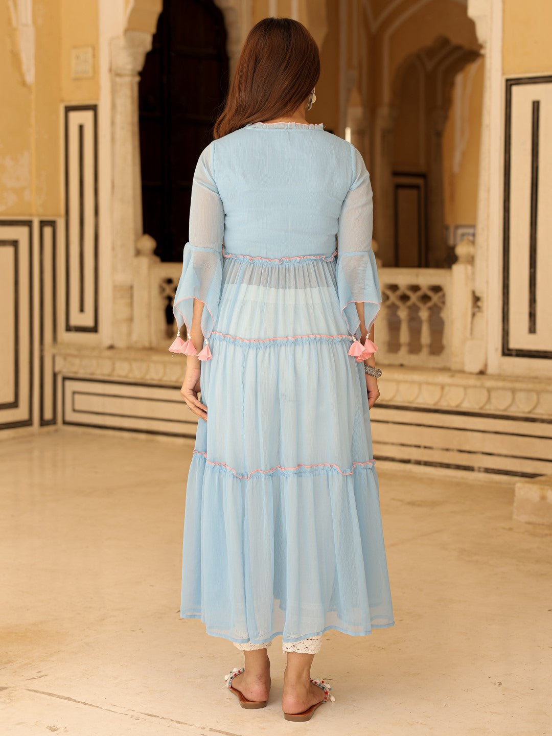 Powder Blue Chiffon Floral Embroidered Tiered Kurta With Pants (2-Pcs) - Image 2
