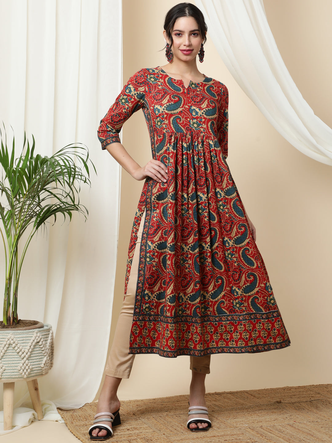 Rayon Calf Length Printed Semi-Flared 3/4 Sleeves Round Kurta - Image 6