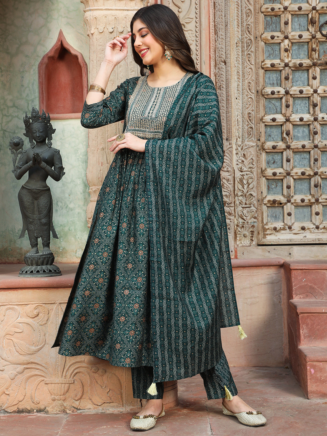 Rayon Calf Length Printed Semi-Flared 3/4 Sleeves Round Kurta Bottom Dupatta Set - Image 6
