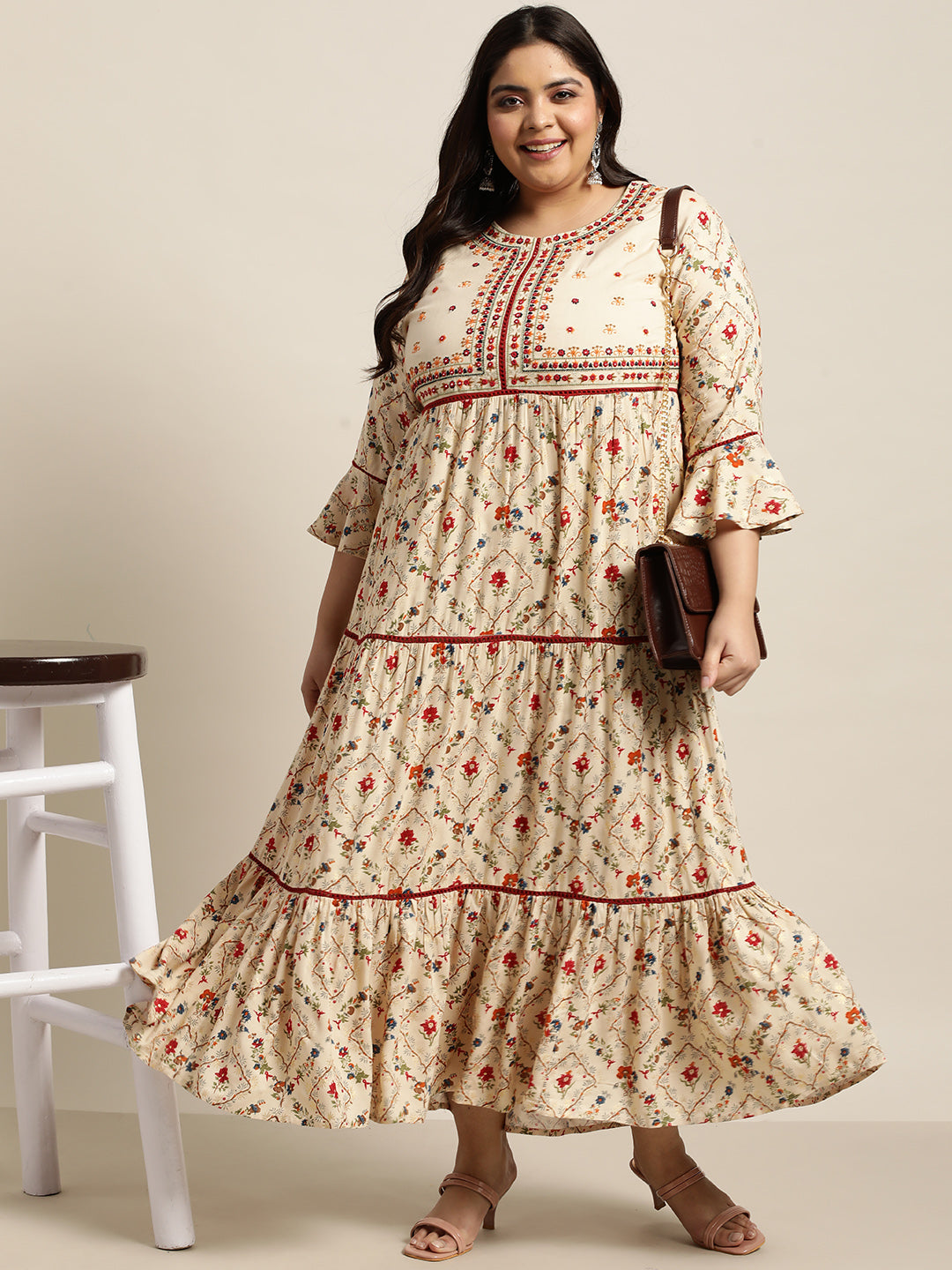 Beige Rayon Festive Wear Embroidered & Printed Tiered Dress - Image 2