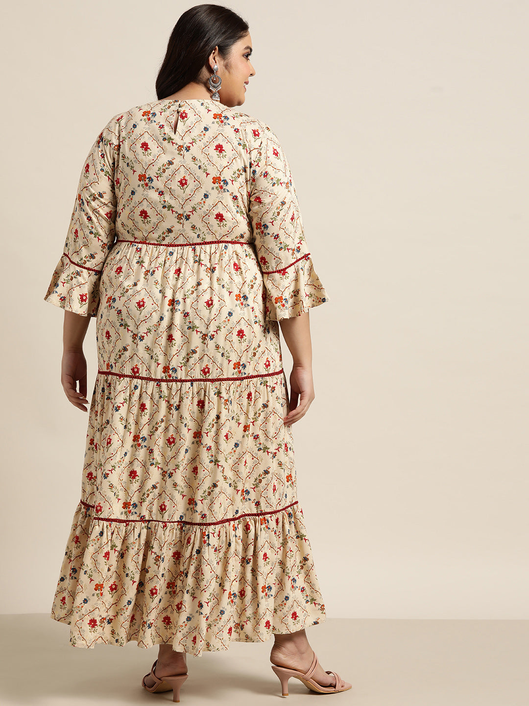 Beige Rayon Festive Wear Embroidered & Printed Tiered Dress - Image 3