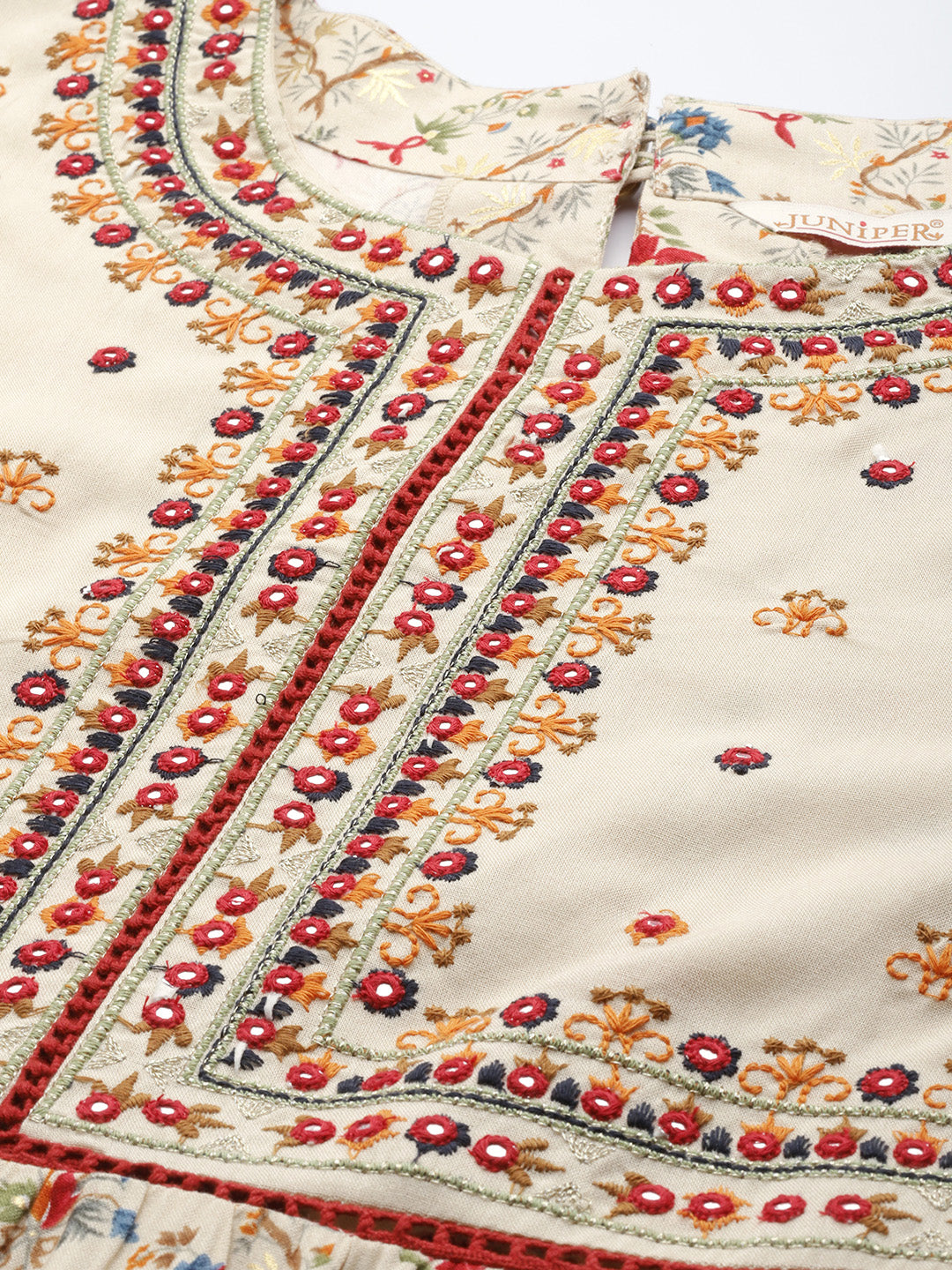 Beige Rayon Festive Wear Embroidered & Printed Tiered Dress - Image 4