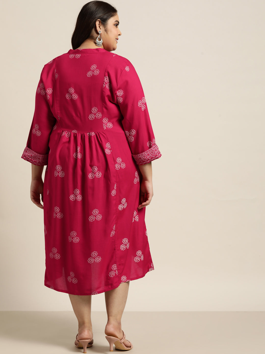 Fuchsia Rayon Casual Wear Printed Flared Dress - Image 2