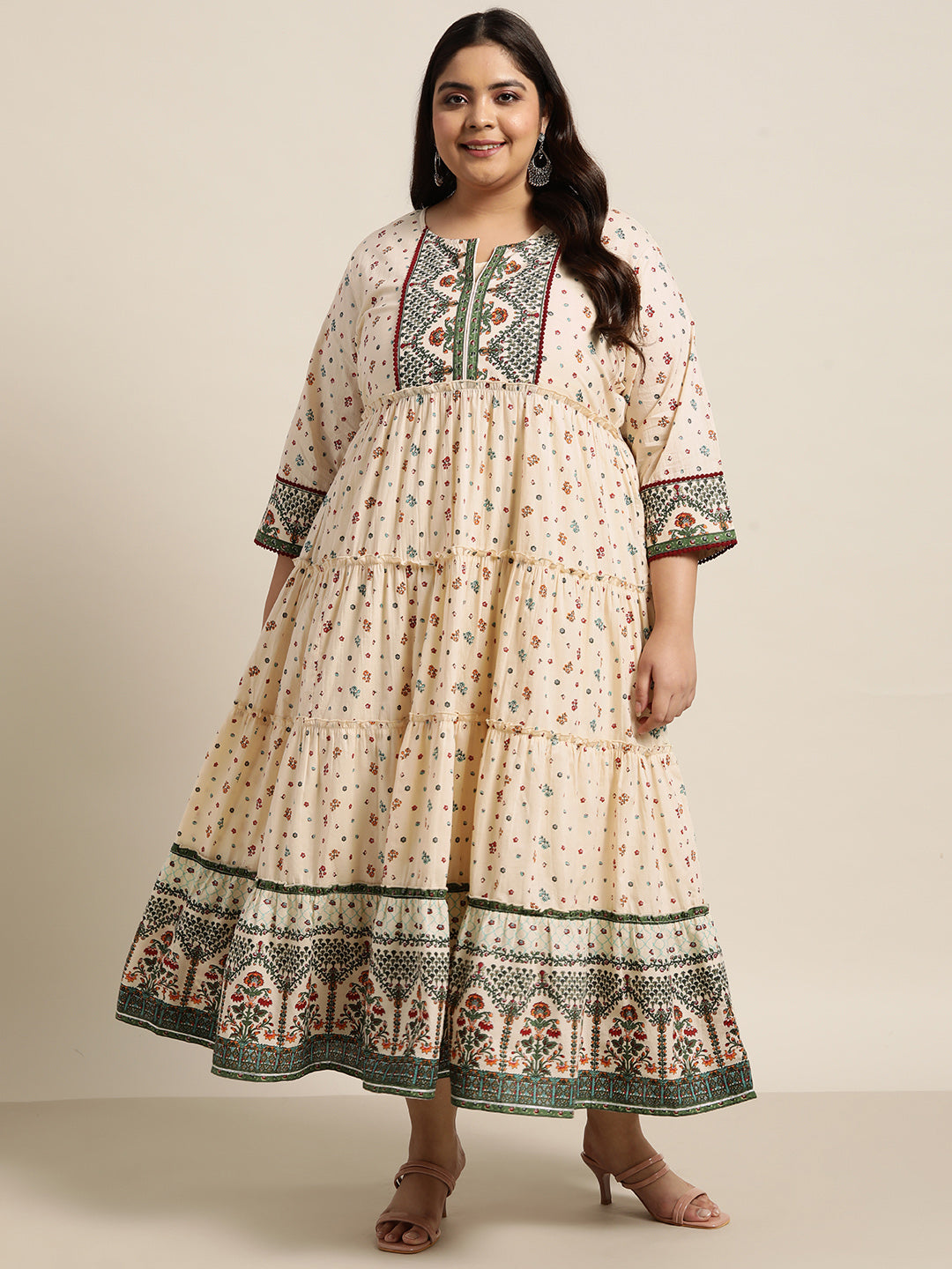 Ivory Cambric Festive Wear Printed Tiered Dress - Image 4