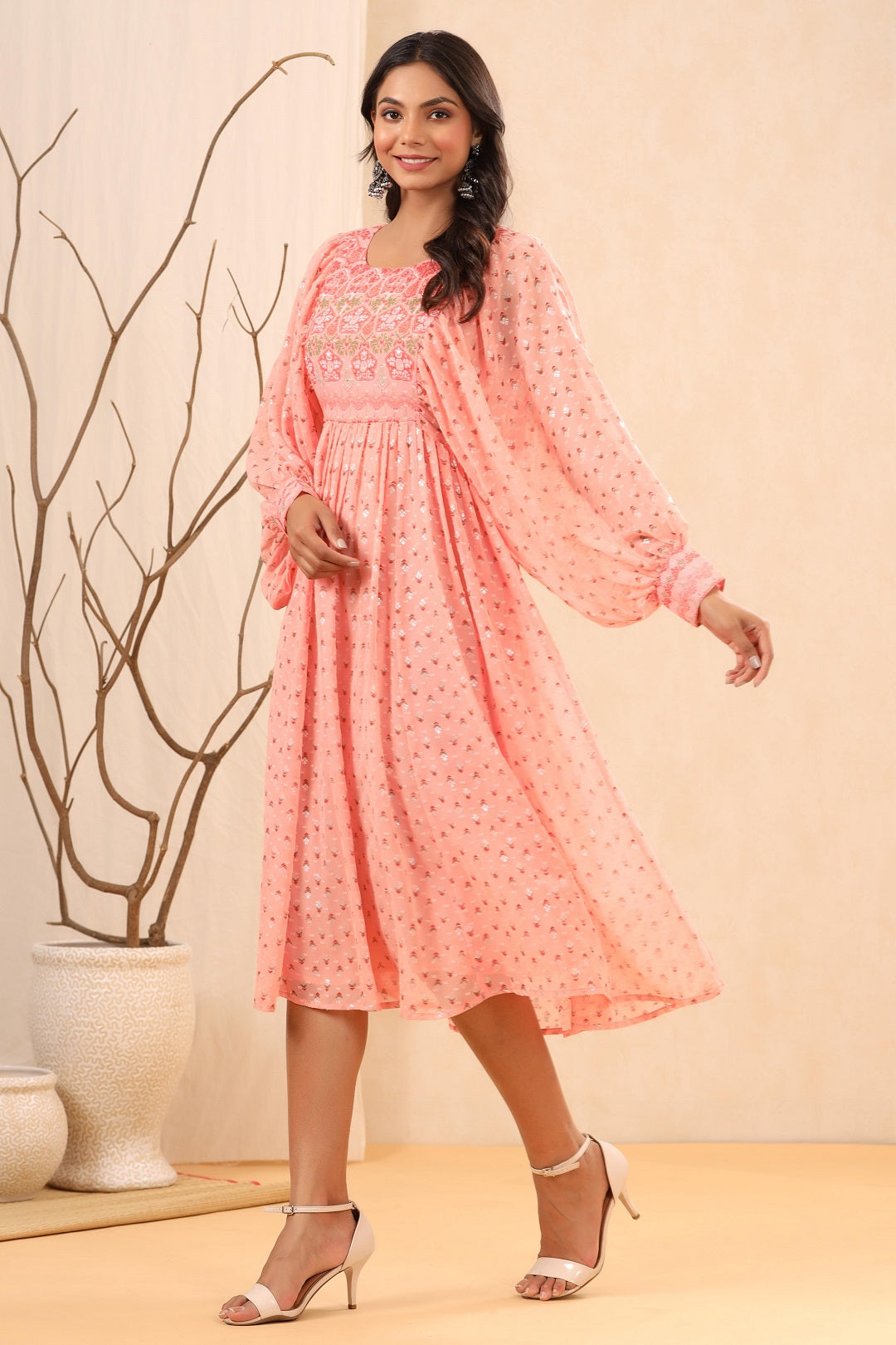 Peach Ethnic Motif Printed Georgette Midi Dress With Sequins Work - Image 3
