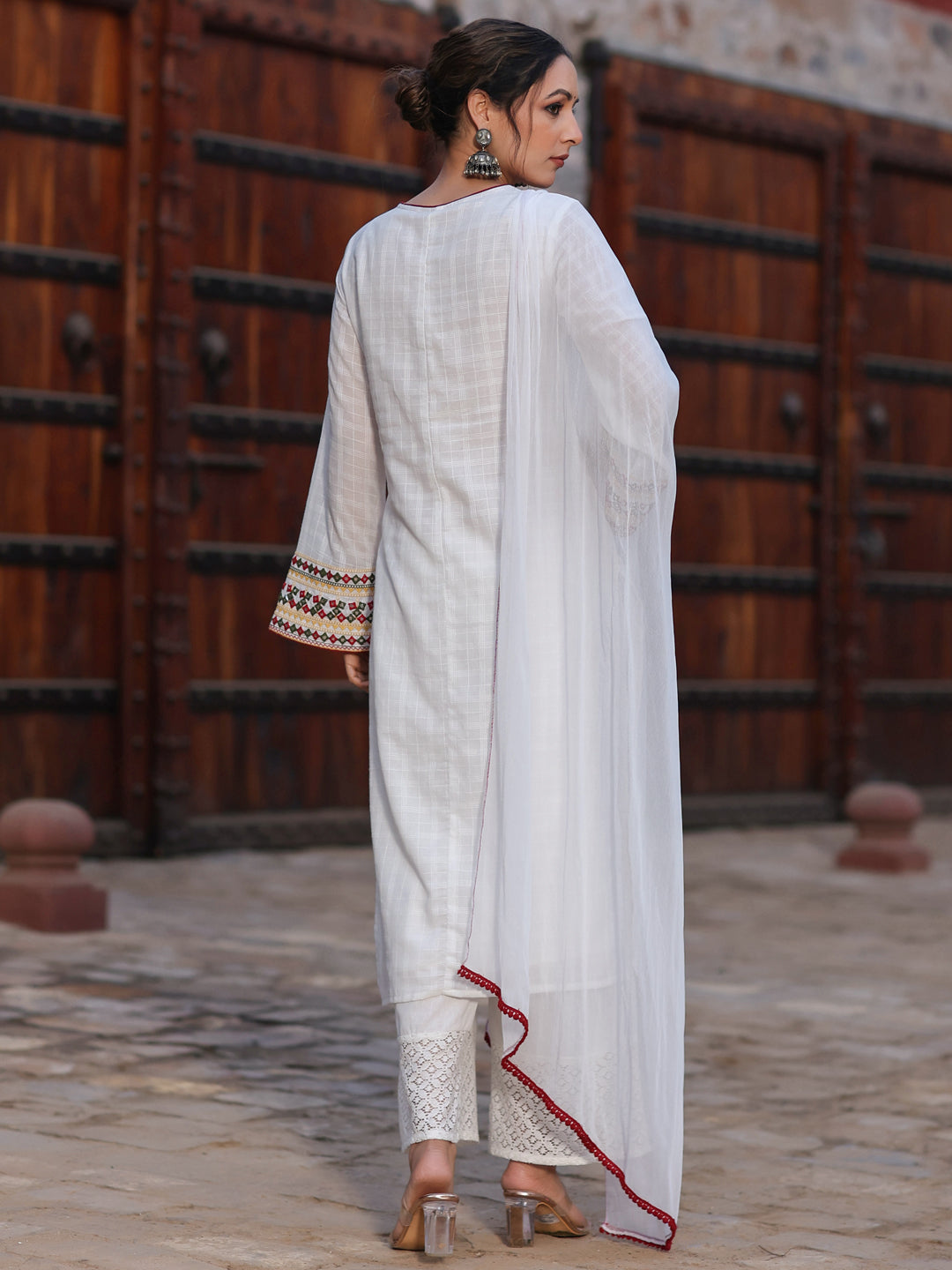 Multi-Coloured Cotton Dobby Embroidered Kurta, Pant & Dupatta Set - Image 2