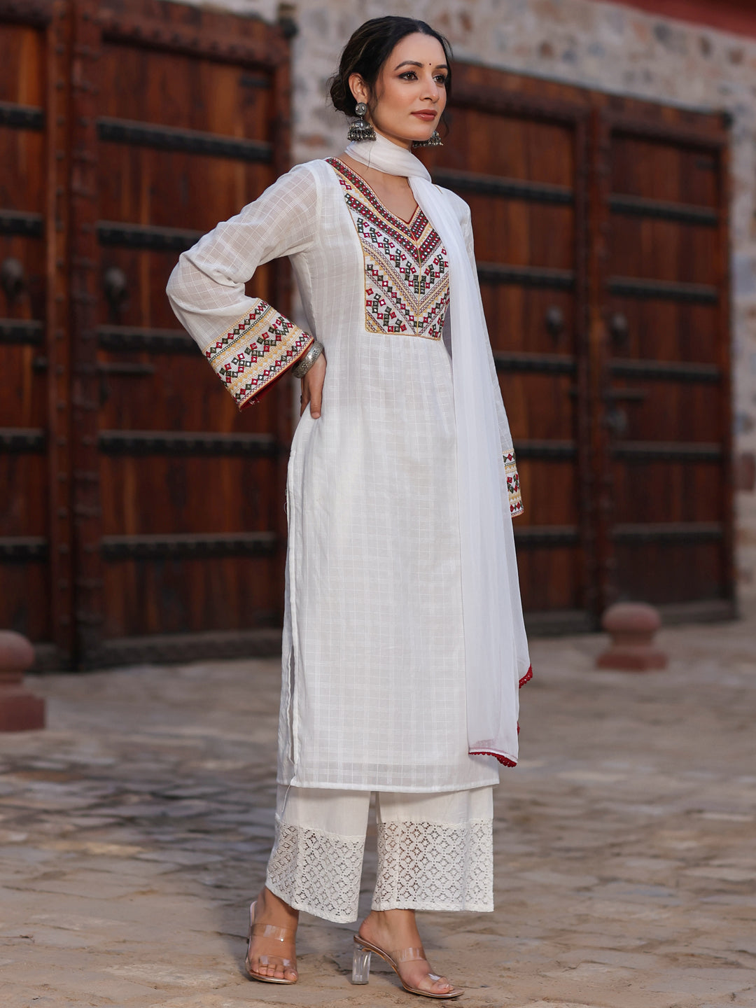 Multi-Coloured Cotton Dobby Embroidered Kurta, Pant & Dupatta Set - Image 3