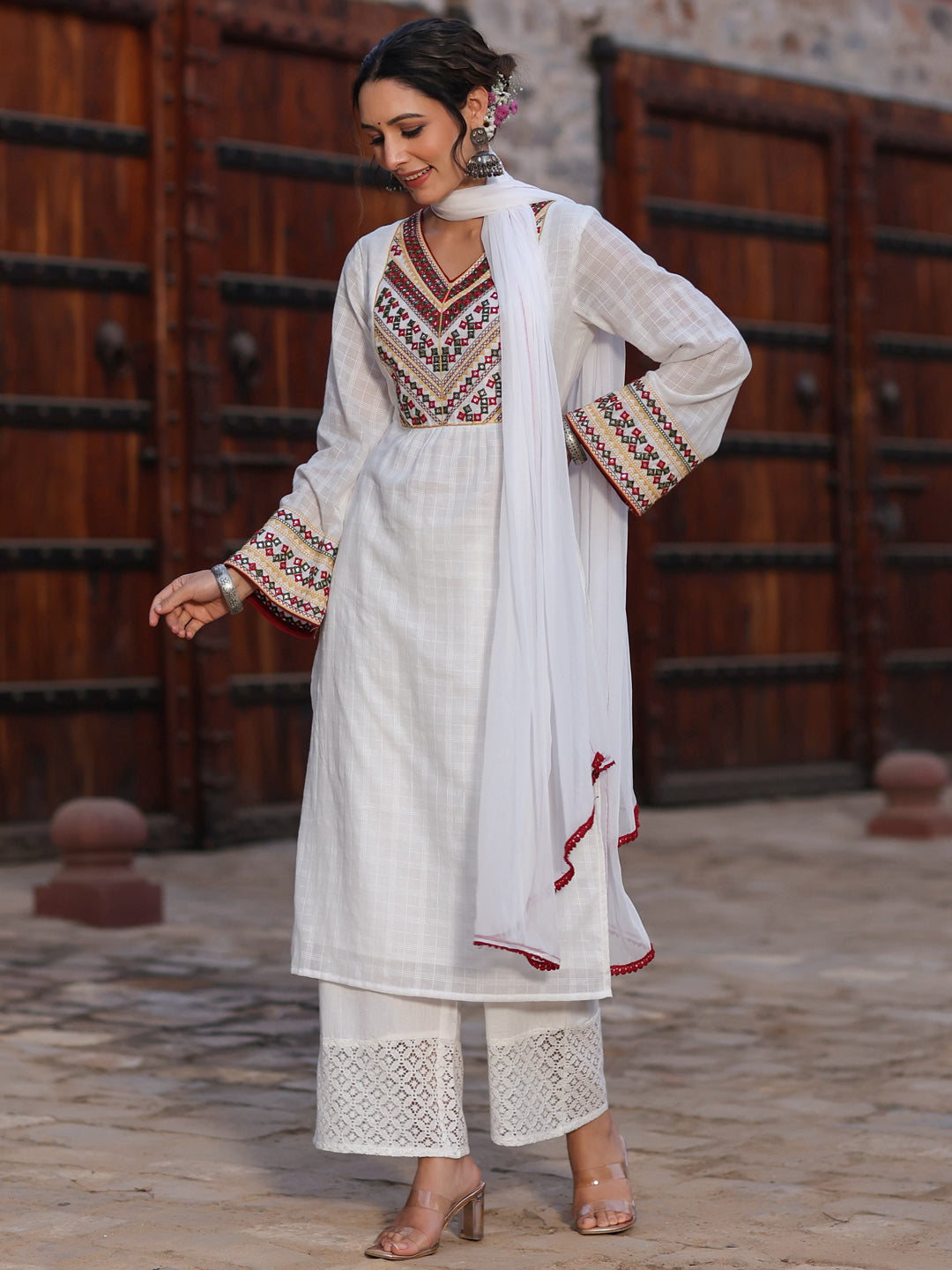 Multi-Coloured Cotton Dobby Embroidered Kurta, Pant & Dupatta Set - Image 4