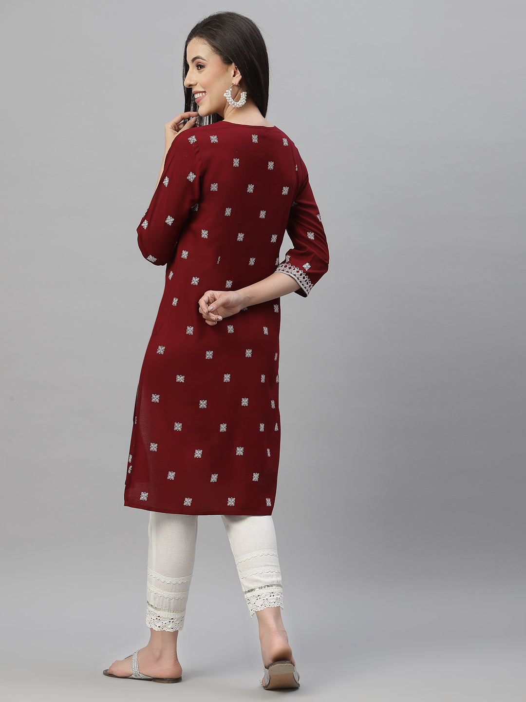 Maroon Rayon Festive Placement Print Straight Kurta - Image 3