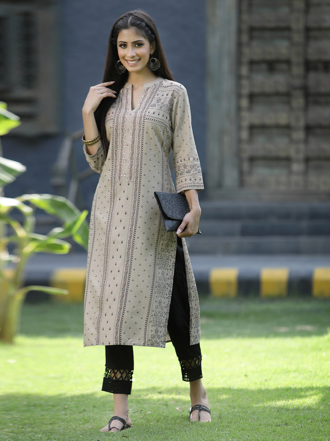 Beige Rayon Festive Placement Print Straight Kurta - Image 2