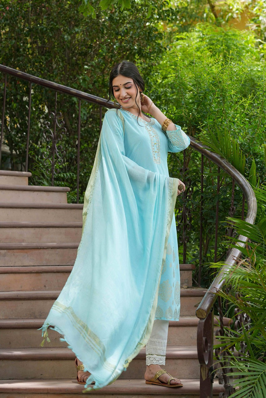 Sky Blue Georgette Festive Printed Straight Kurta Dupatta Set - Image 3