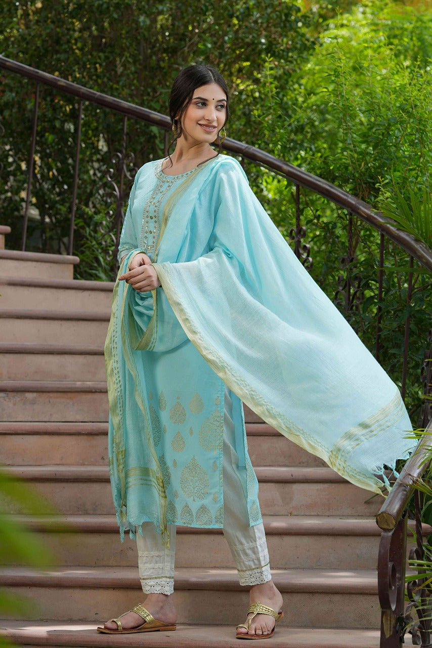 Sky Blue Georgette Festive Printed Straight Kurta Dupatta Set - Image 4
