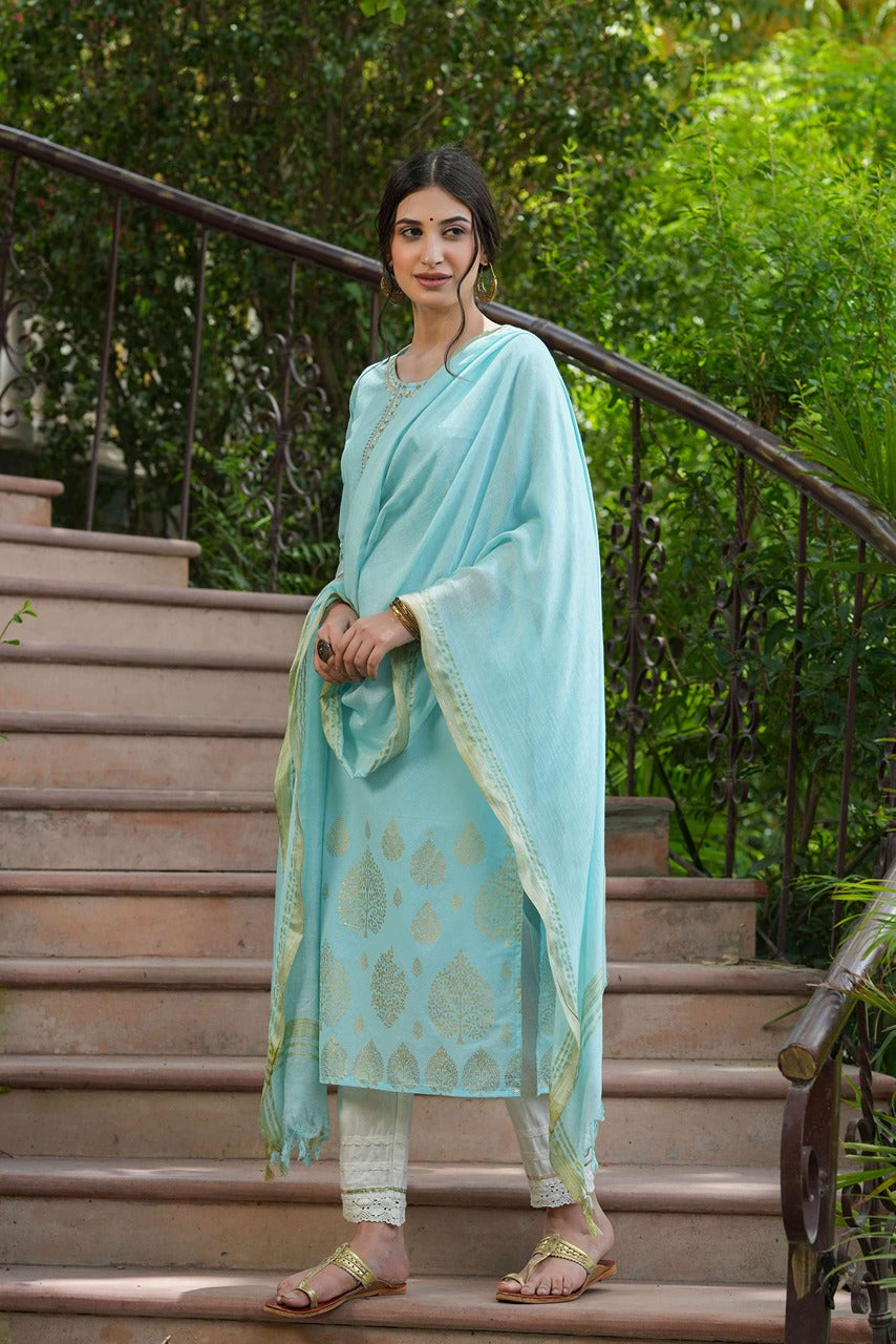 Sky Blue Georgette Festive Printed Straight Kurta Dupatta Set - Image 5