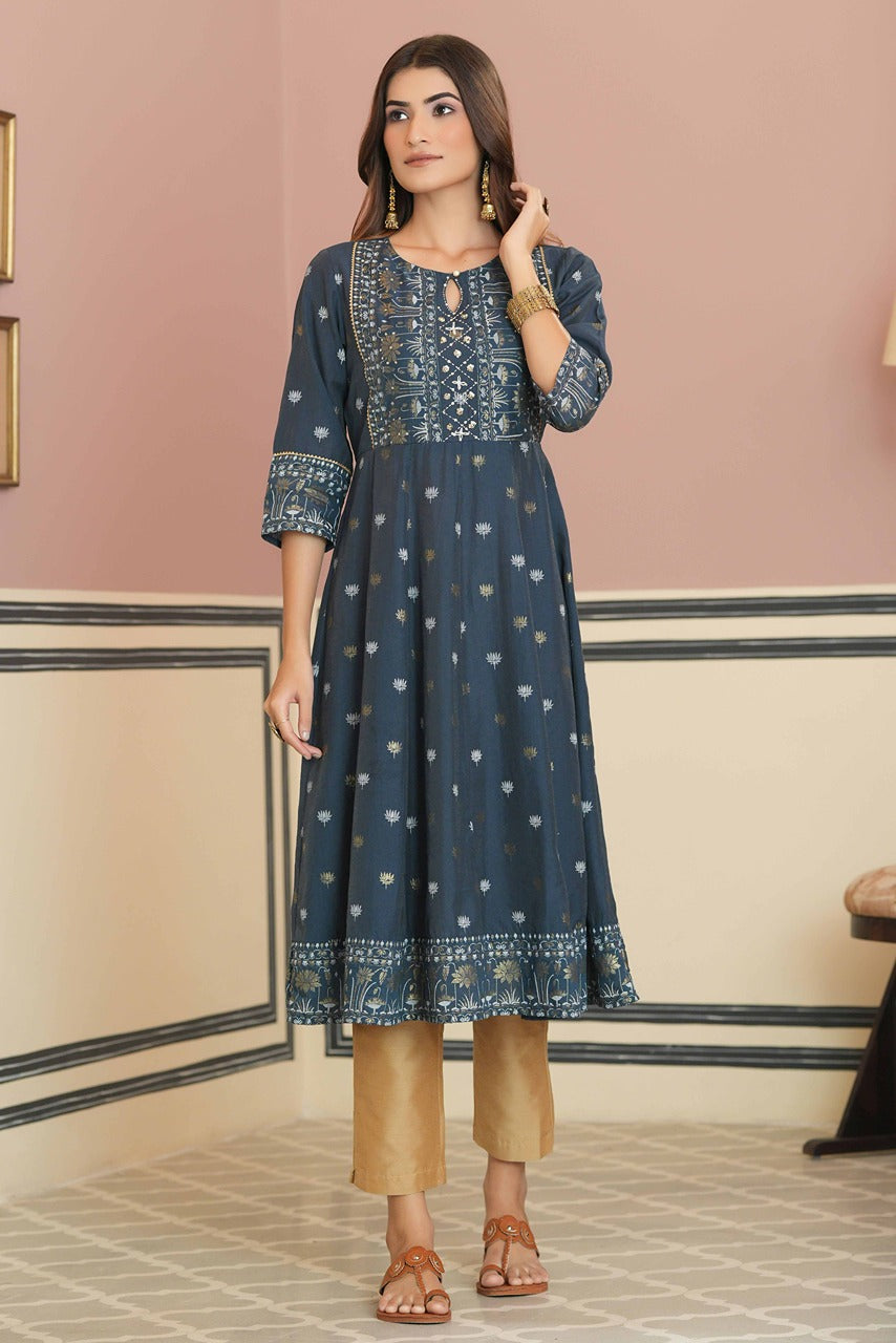 Teal Rayon Festive Handwork Sequence Anarkali Kurta - Image 3