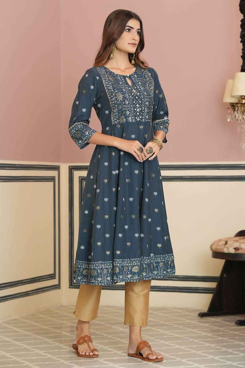 Teal Rayon Festive Handwork Sequence Anarkali Kurta - Image 4