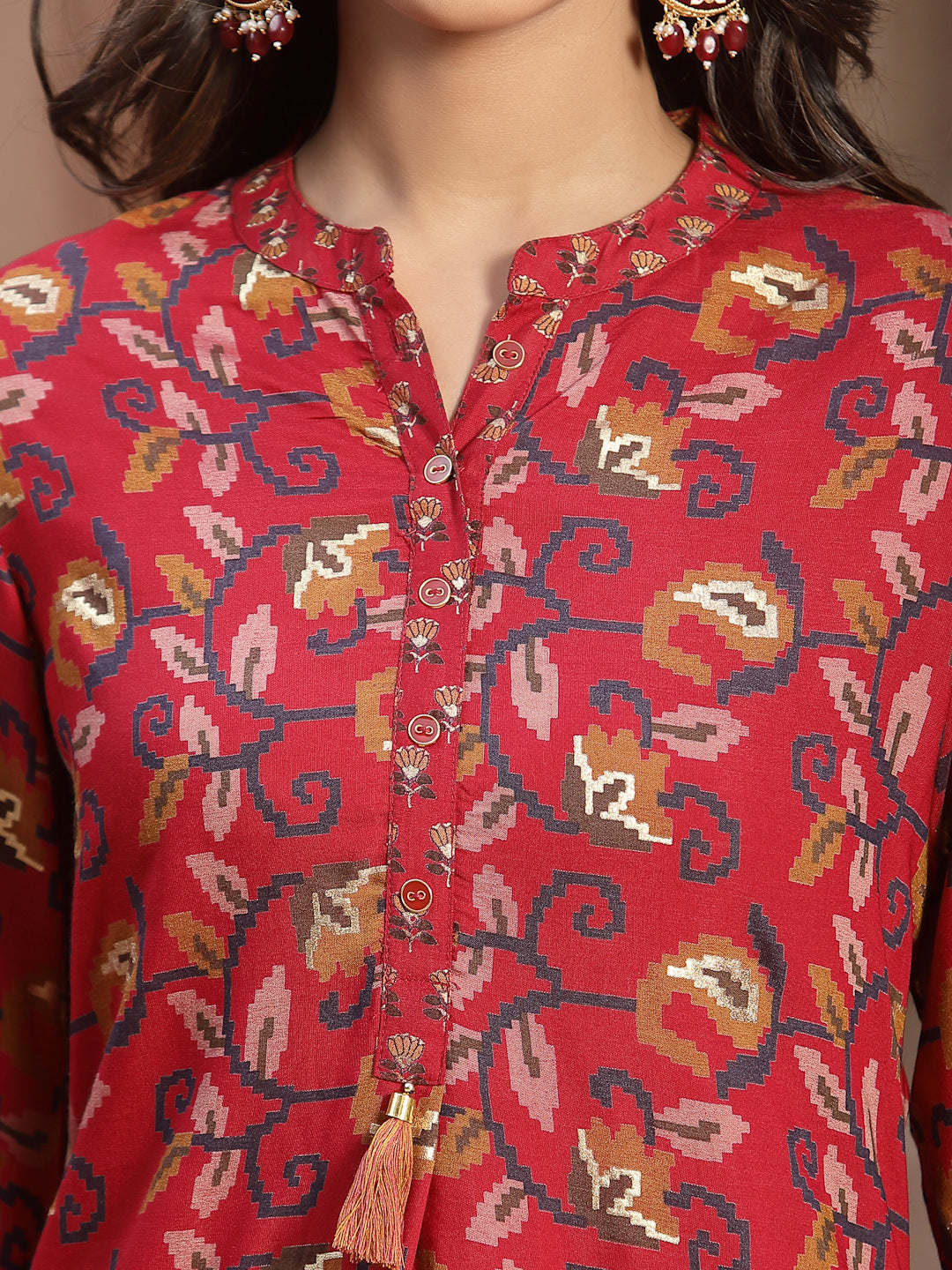 Red Muslin Printed Straight Kurta - Image 3