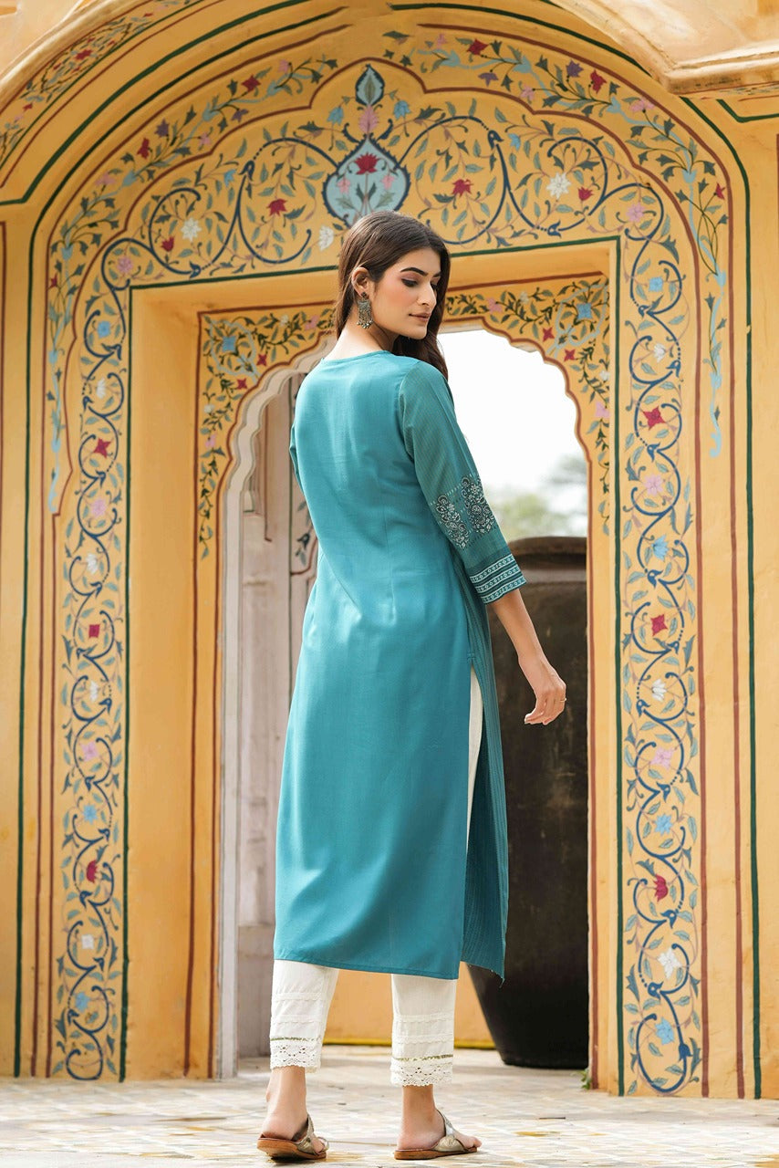 Teal Rayon Festive Printed Straight Kurta - Image 2