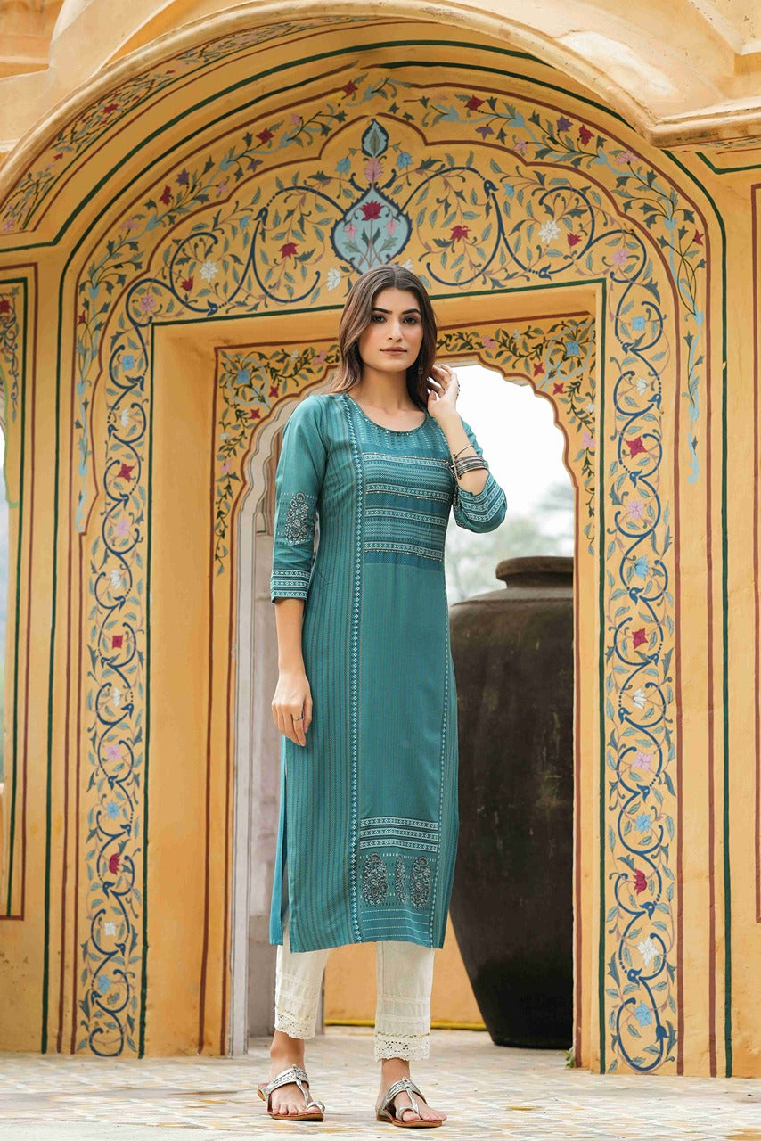 Teal Rayon Festive Printed Straight Kurta - Image 5