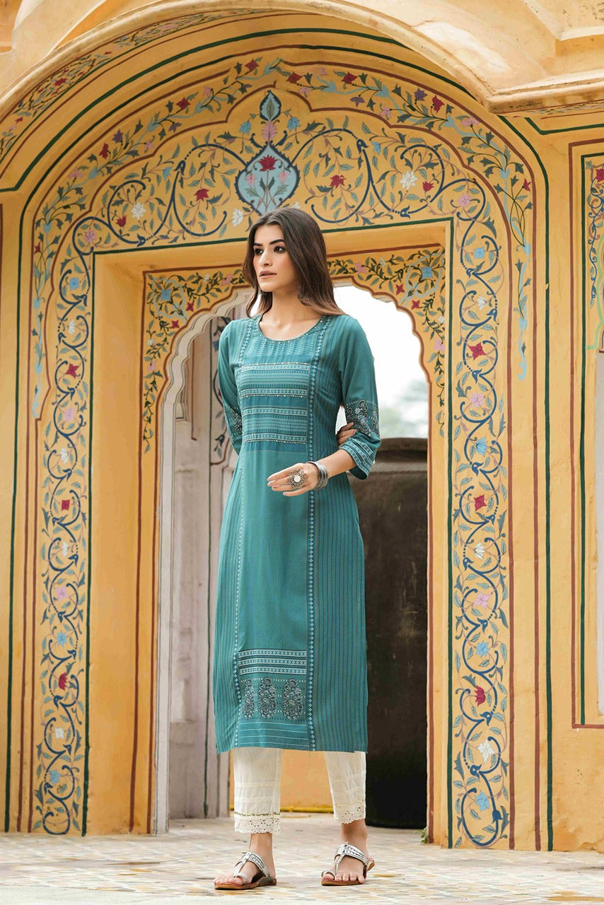 Teal Rayon Festive Printed Straight Kurta - Image 3