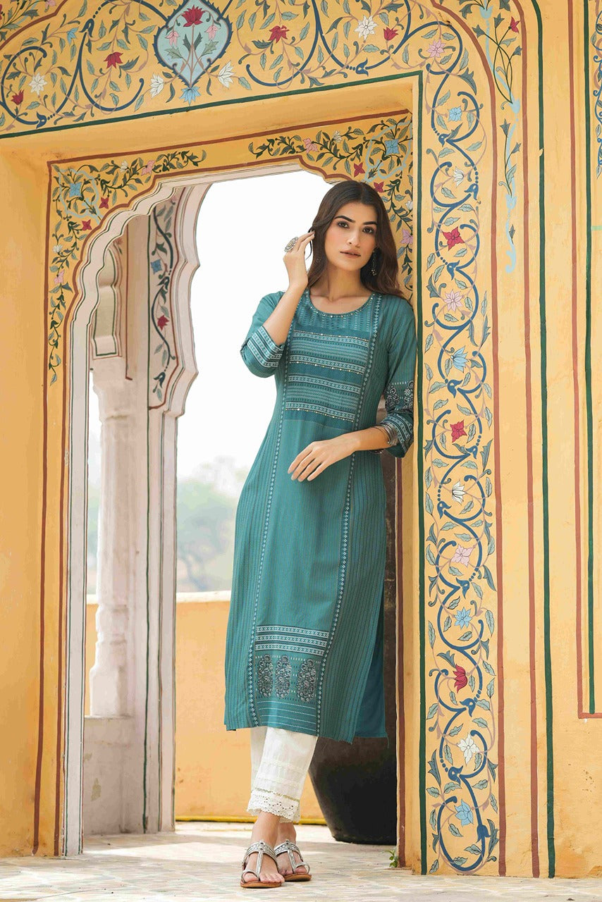 Teal Rayon Festive Printed Straight Kurta - Image 4