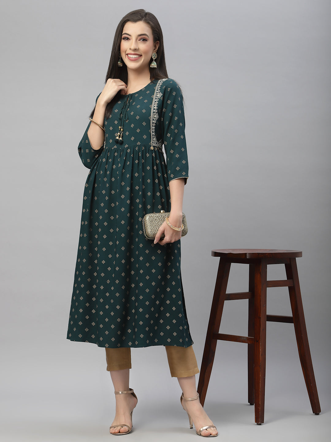 Green Rayon Festive Wear Embroidered Flared Kurta - Image 2