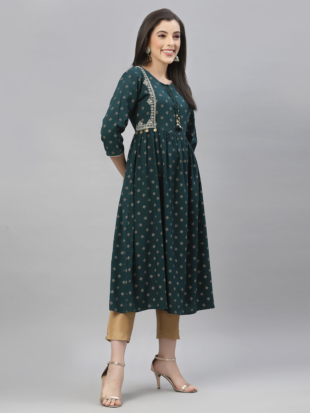 Green Rayon Festive Wear Embroidered Flared Kurta - Image 3