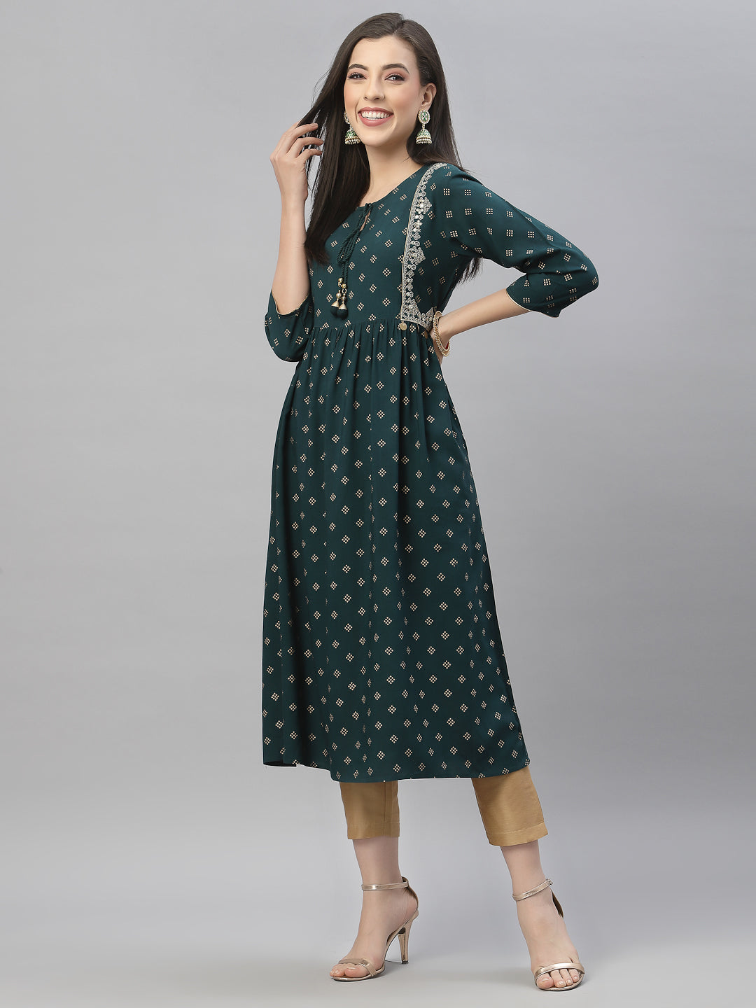Green Rayon Festive Wear Embroidered Flared Kurta - Image 5