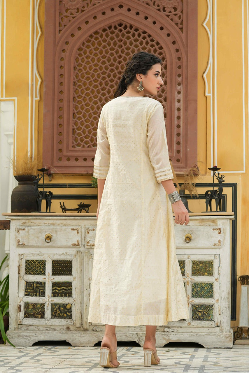 Beige Chanderi Festive Embroidered Polka Dot Printed Flared Kurta - Image 2