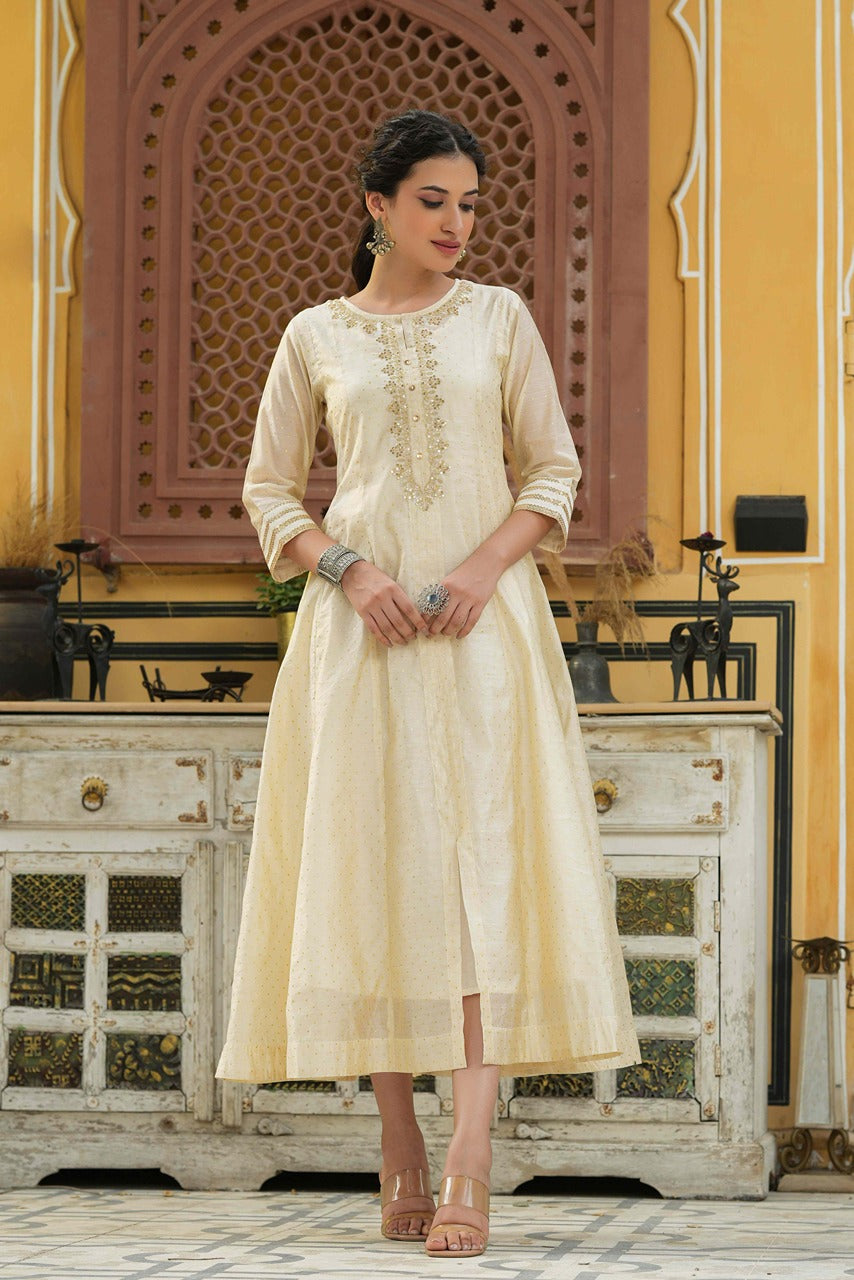 Beige Chanderi Festive Embroidered Polka Dot Printed Flared Kurta - Image 3