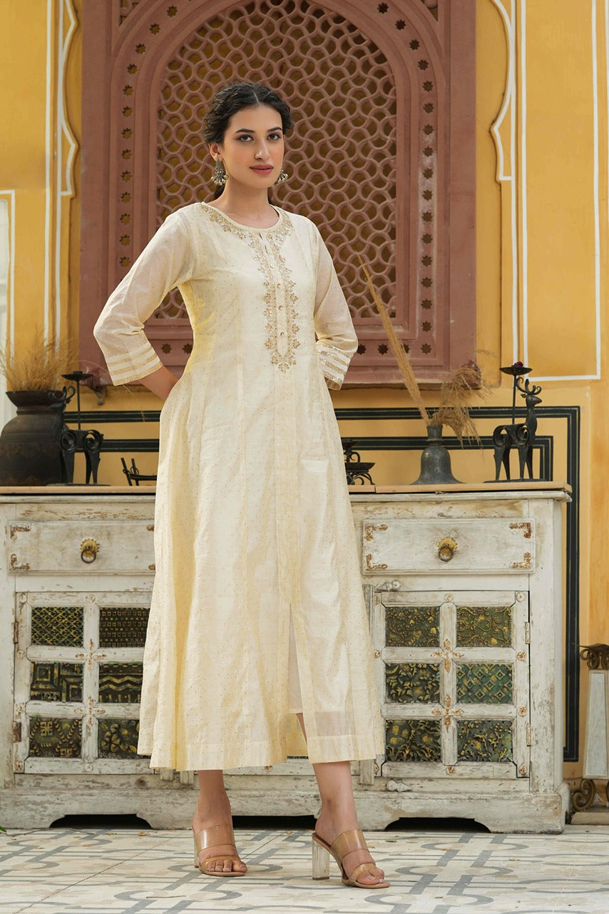 Beige Chanderi Festive Embroidered Polka Dot Printed Flared Kurta - Image 4