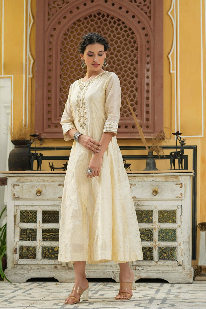 Beige Chanderi Festive Embroidered Polka Dot Printed Flared Kurta - Image 5